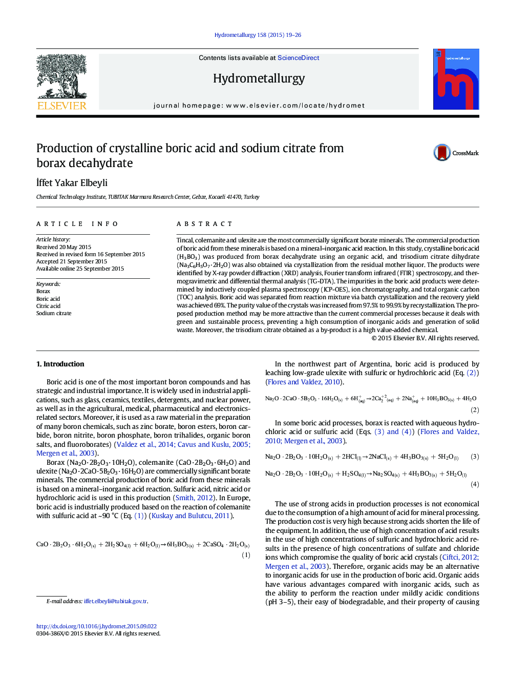 Production of crystalline boric acid and sodium citrate from borax decahydrate