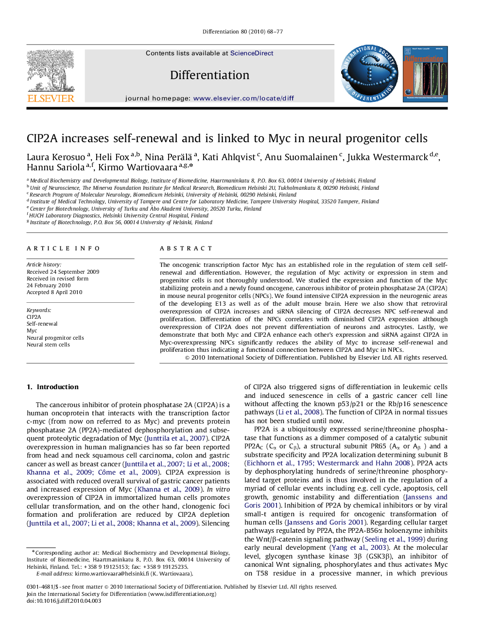 CIP2A increases self-renewal and is linked to Myc in neural progenitor cells