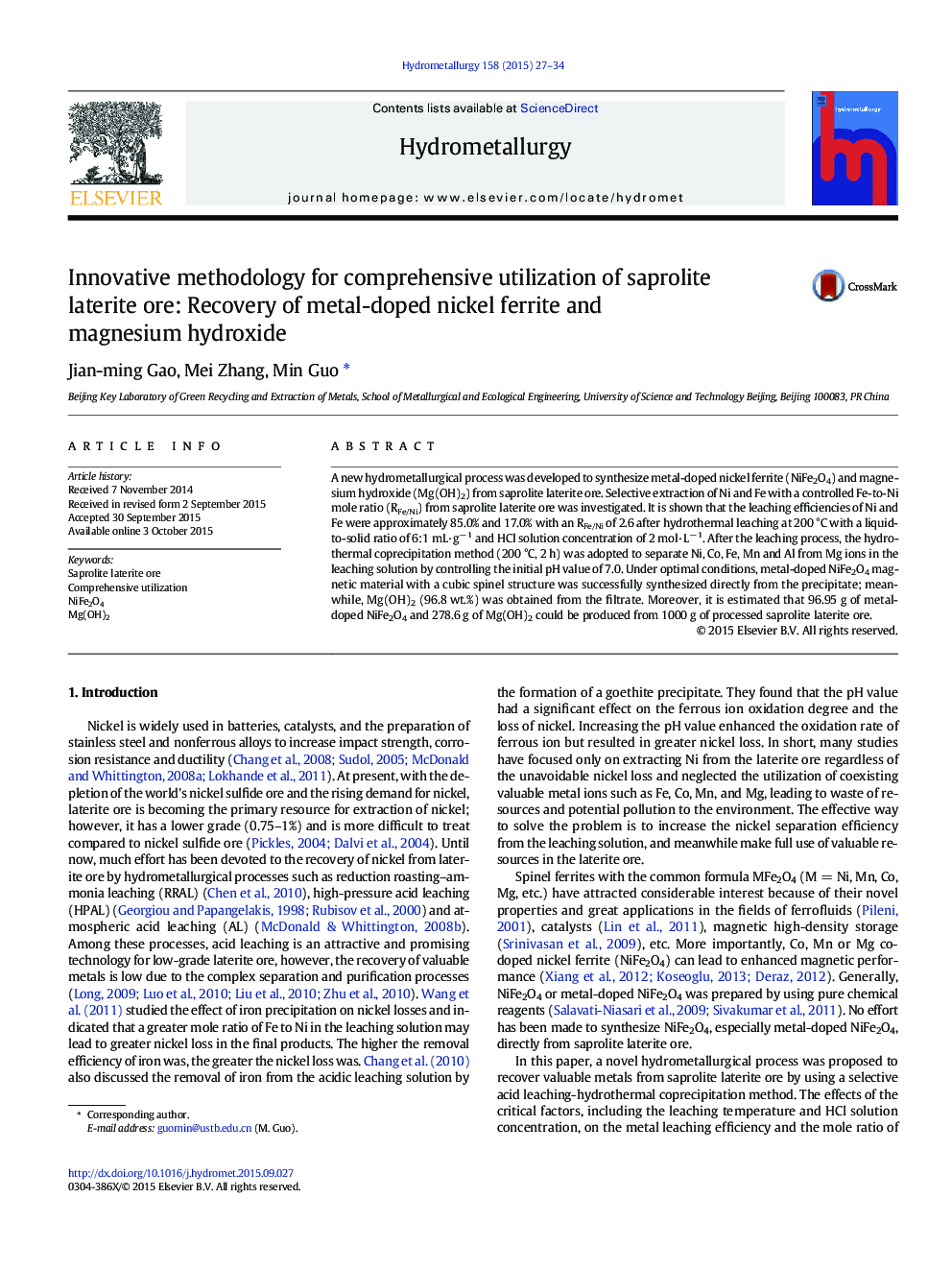 Innovative methodology for comprehensive utilization of saprolite laterite ore: Recovery of metal-doped nickel ferrite and magnesium hydroxide