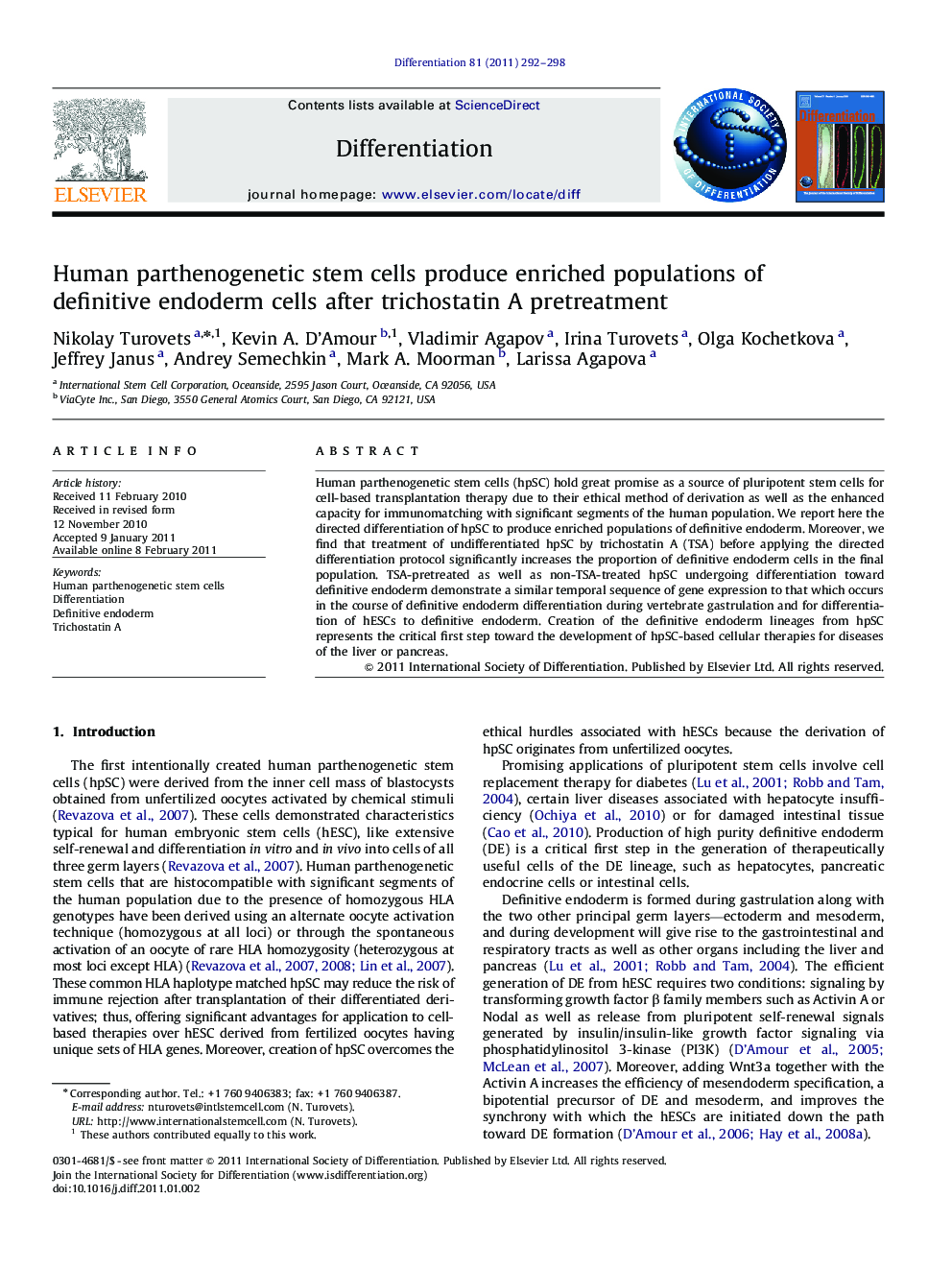 Human parthenogenetic stem cells produce enriched populations of definitive endoderm cells after trichostatin A pretreatment