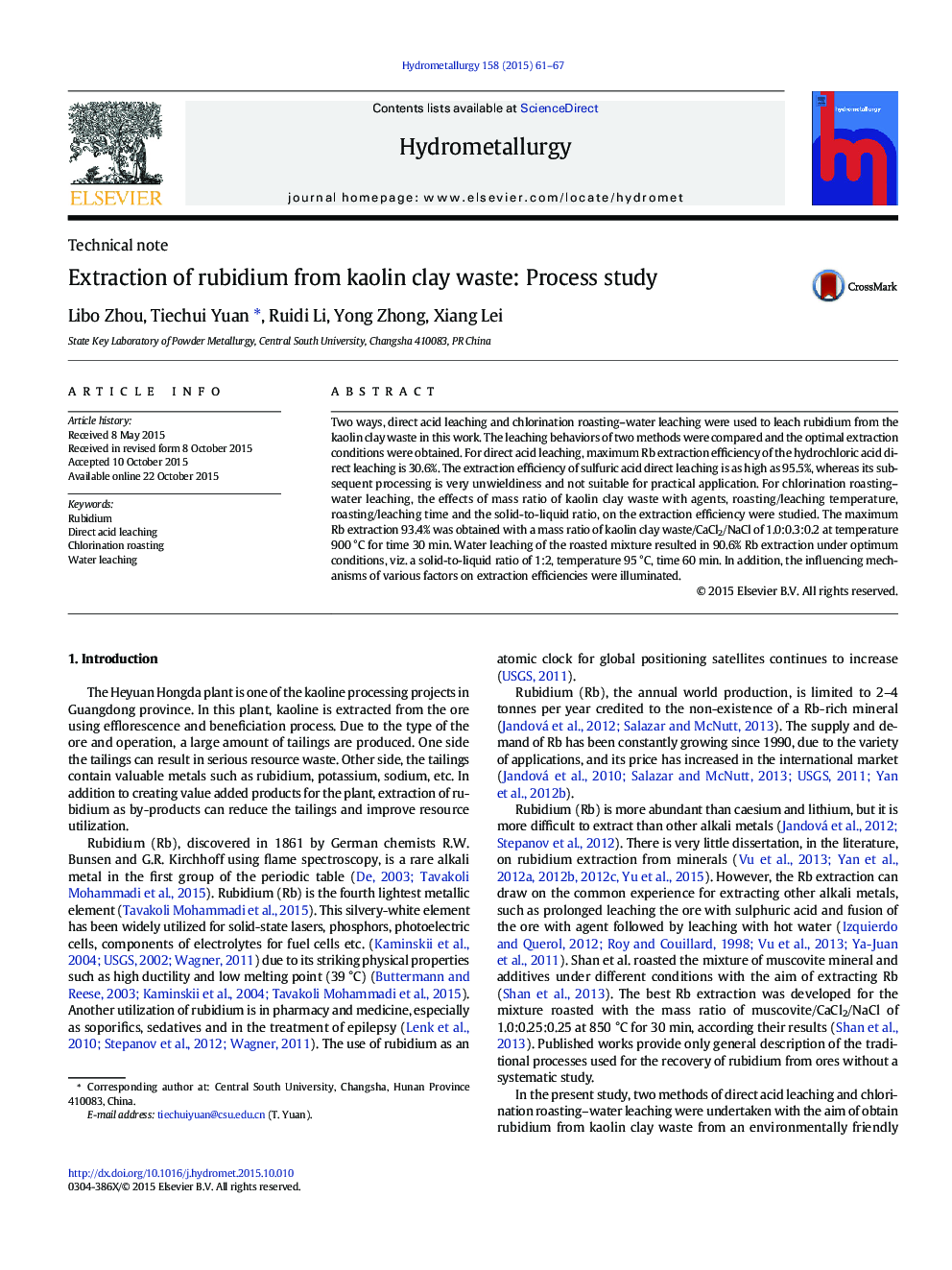 Extraction of rubidium from kaolin clay waste: Process study