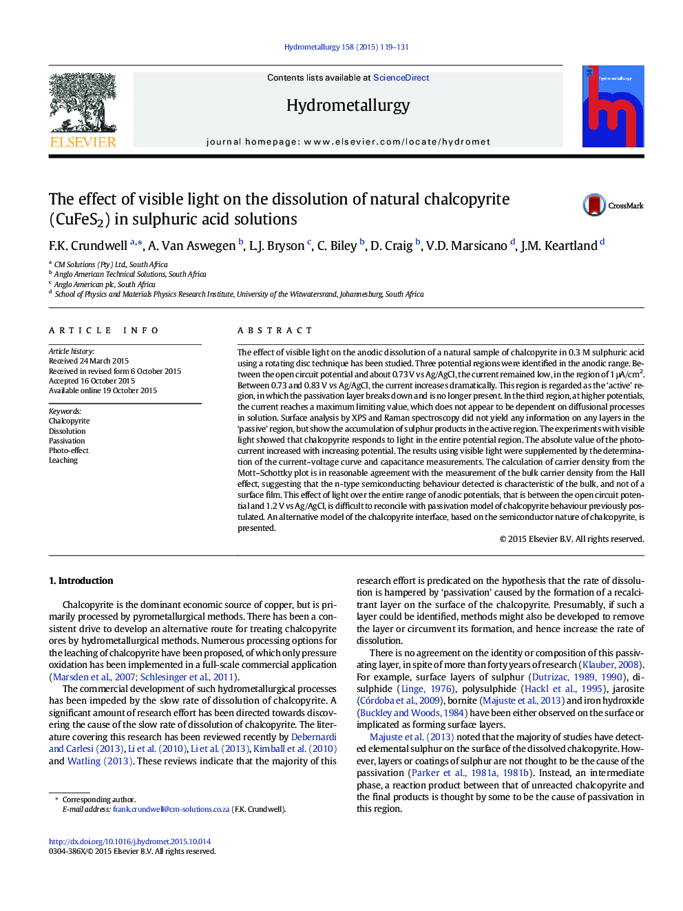 The effect of visible light on the dissolution of natural chalcopyrite (CuFeS2) in sulphuric acid solutions