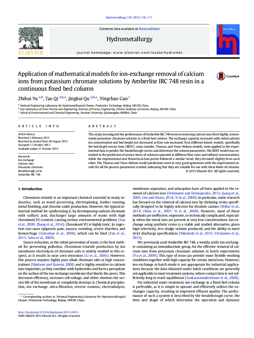 Application of mathematical models for ion-exchange removal of calcium ions from potassium chromate solutions by Amberlite IRC 748 resin in a continuous fixed bed column