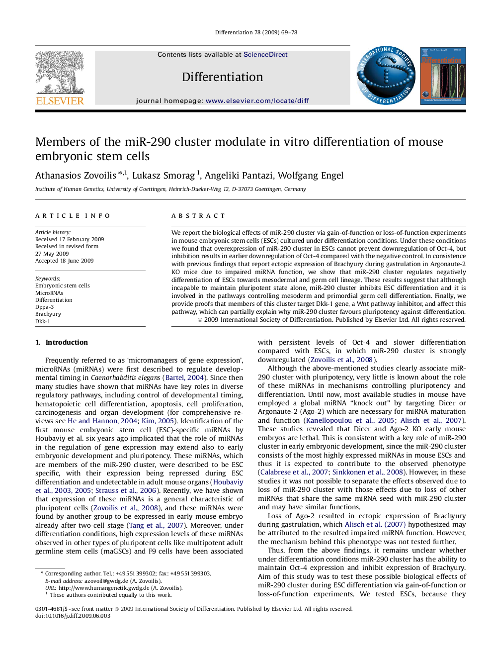 Members of the miR-290 cluster modulate in vitro differentiation of mouse embryonic stem cells