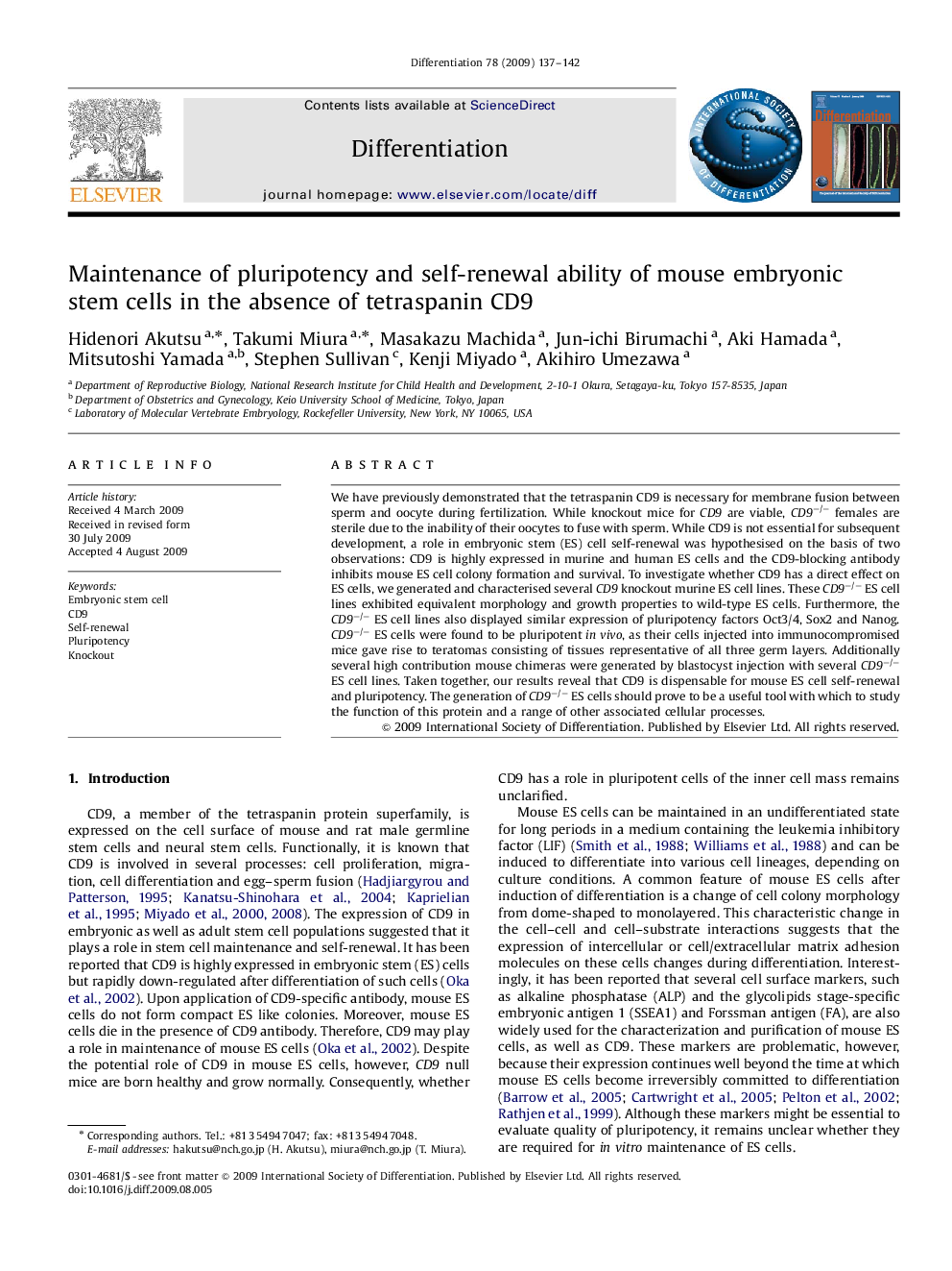 Maintenance of pluripotency and self-renewal ability of mouse embryonic stem cells in the absence of tetraspanin CD9