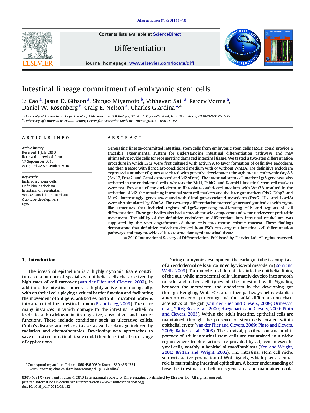 Intestinal lineage commitment of embryonic stem cells