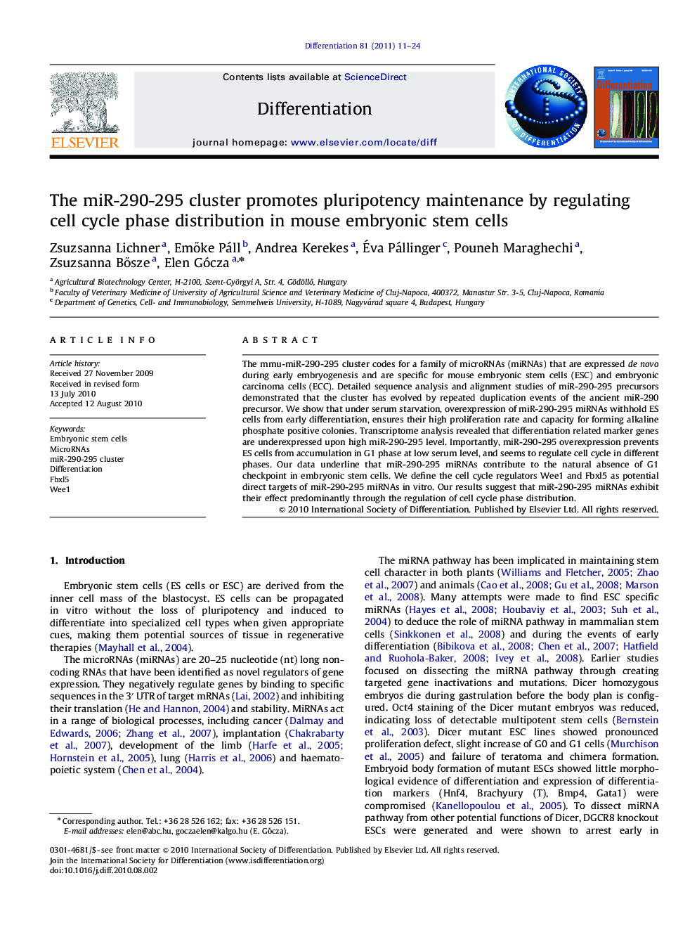 The miR-290-295 cluster promotes pluripotency maintenance by regulating cell cycle phase distribution in mouse embryonic stem cells