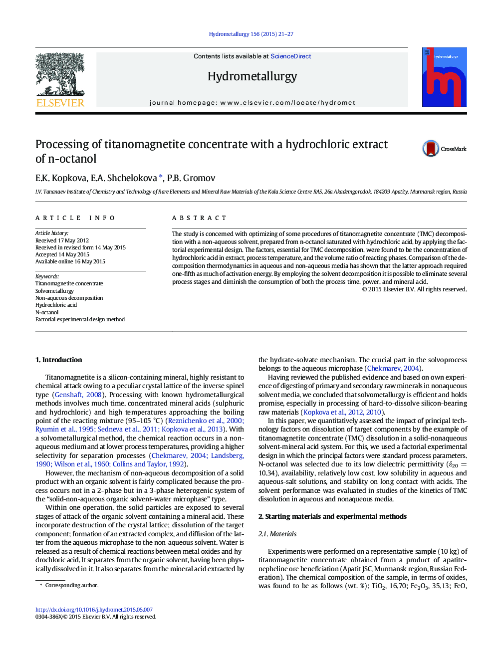 Processing of titanomagnetite concentrate with a hydrochloric extract of n-octanol