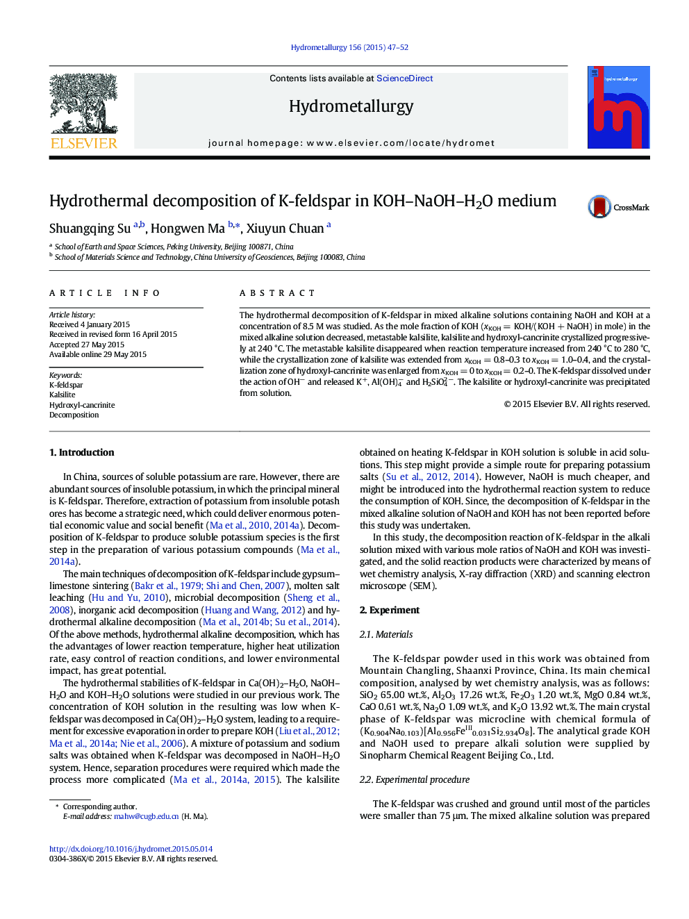 Hydrothermal decomposition of K-feldspar in KOH–NaOH–H2O medium
