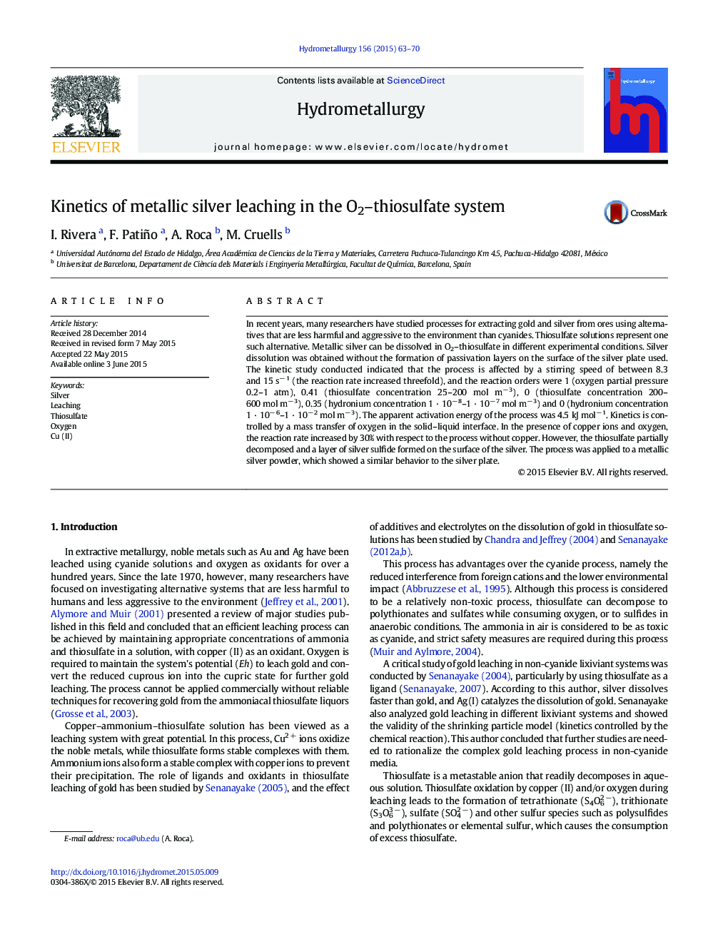 Kinetics of metallic silver leaching in the O2–thiosulfate system