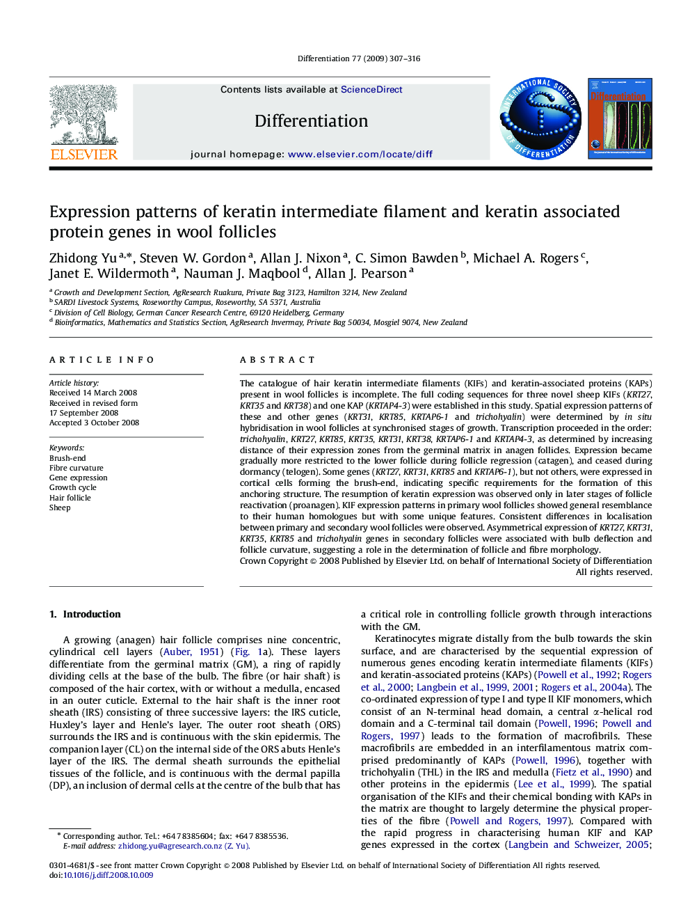 Expression patterns of keratin intermediate filament and keratin associated protein genes in wool follicles