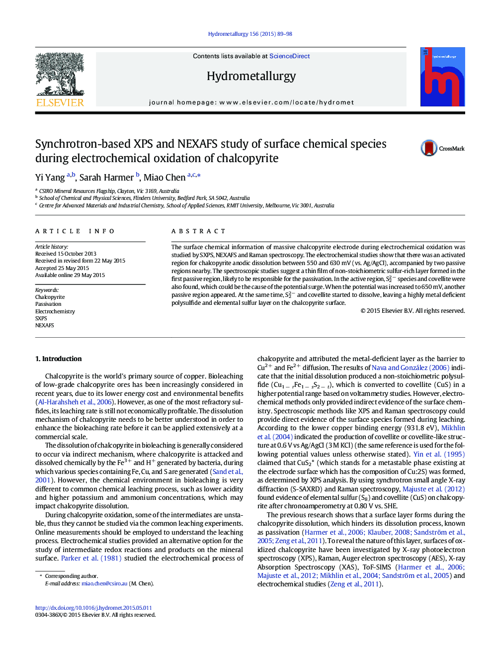 Synchrotron-based XPS and NEXAFS study of surface chemical species during electrochemical oxidation of chalcopyrite