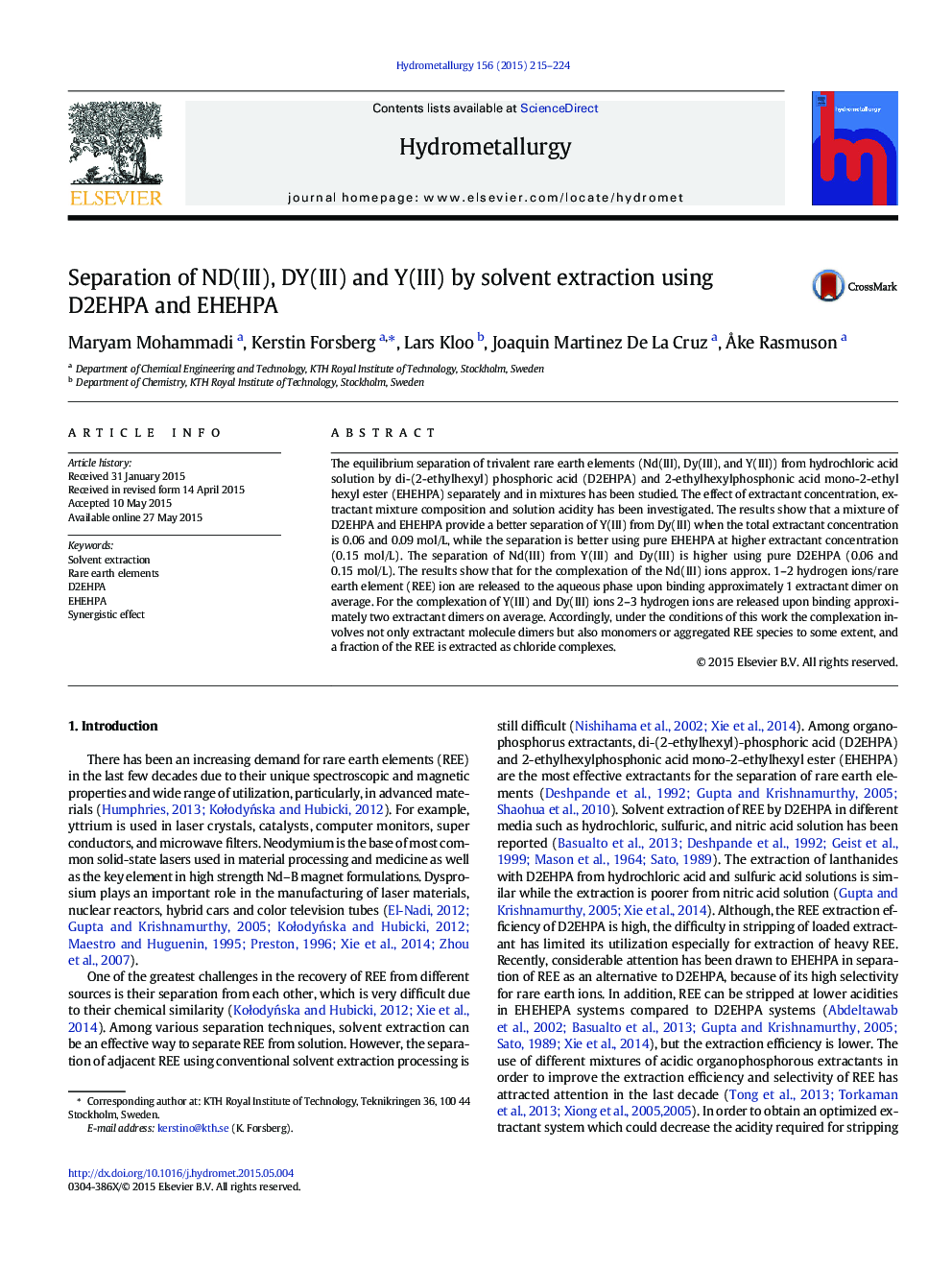 Separation of ND(III), DY(III) and Y(III) by solvent extraction using D2EHPA and EHEHPA