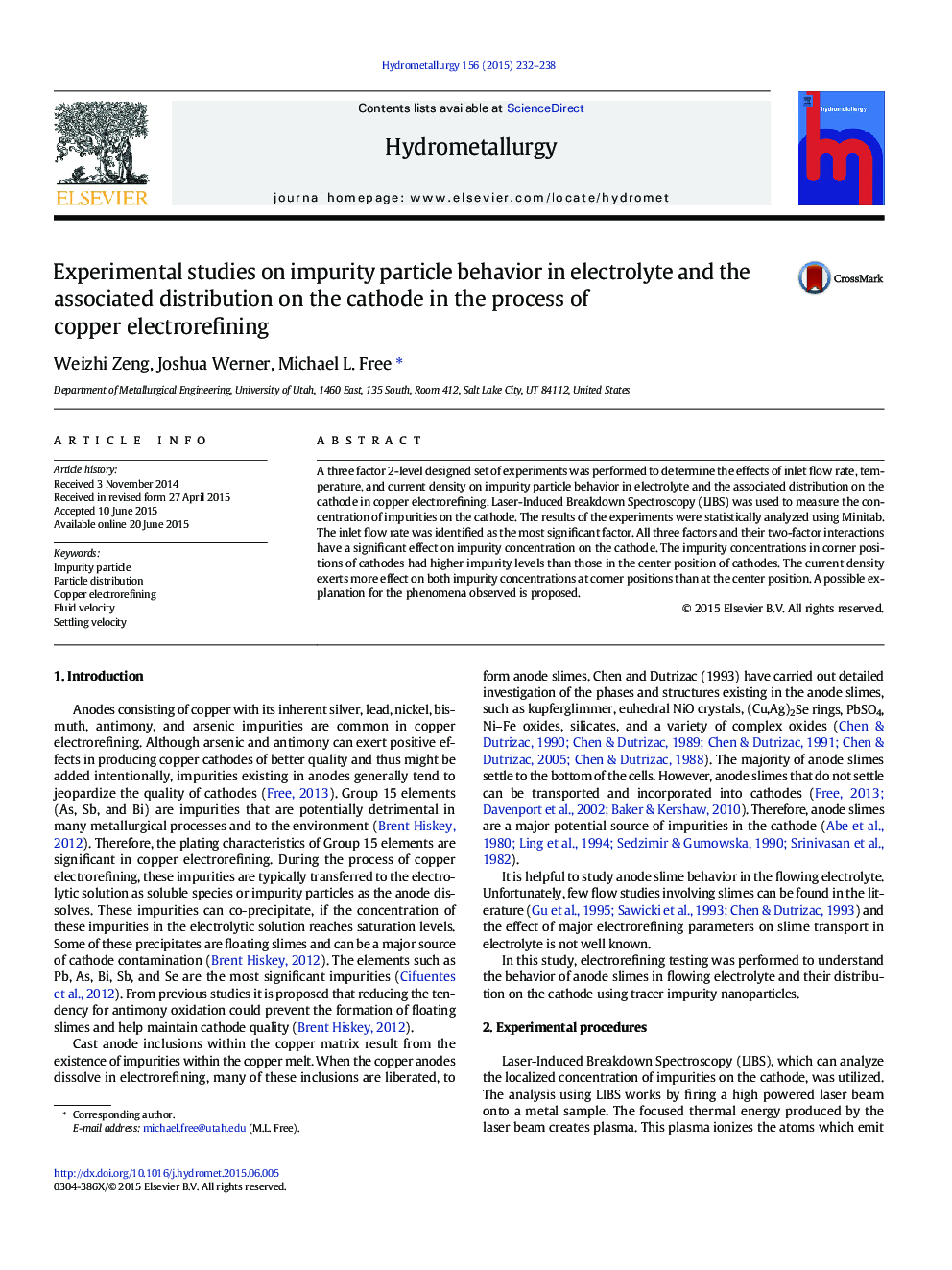 Experimental studies on impurity particle behavior in electrolyte and the associated distribution on the cathode in the process of copper electrorefining