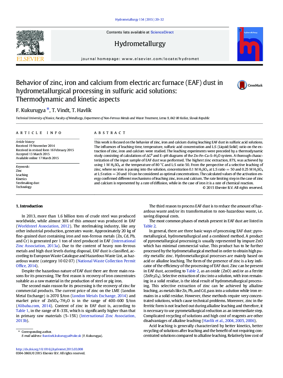 Behavior of zinc, iron and calcium from electric arc furnace (EAF) dust in hydrometallurgical processing in sulfuric acid solutions: Thermodynamic and kinetic aspects