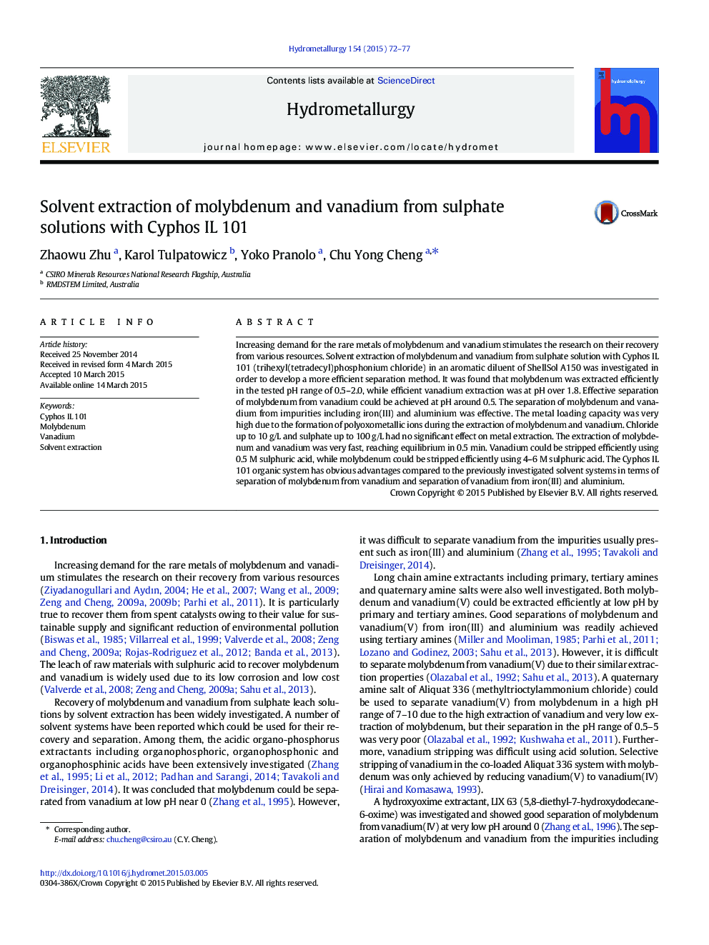 Solvent extraction of molybdenum and vanadium from sulphate solutions with Cyphos IL 101