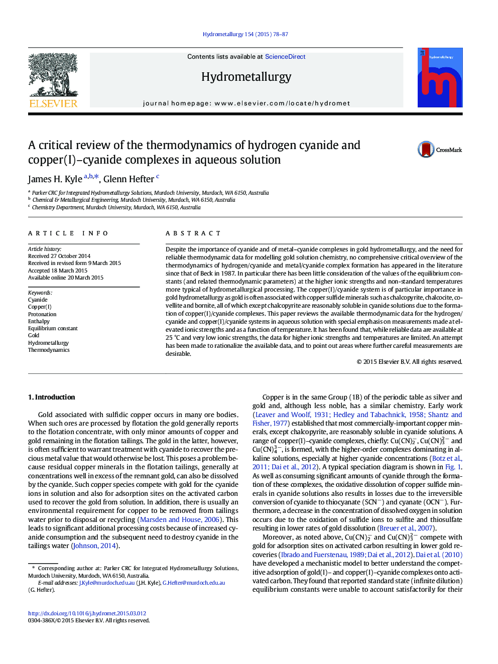 A critical review of the thermodynamics of hydrogen cyanide and copper(I)–cyanide complexes in aqueous solution