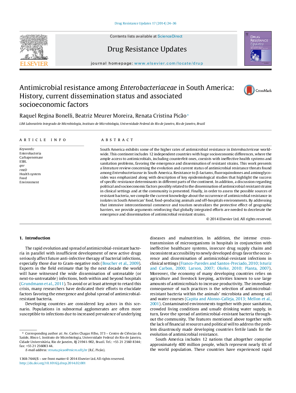 Antimicrobial resistance among Enterobacteriaceae in South America: History, current dissemination status and associated socioeconomic factors