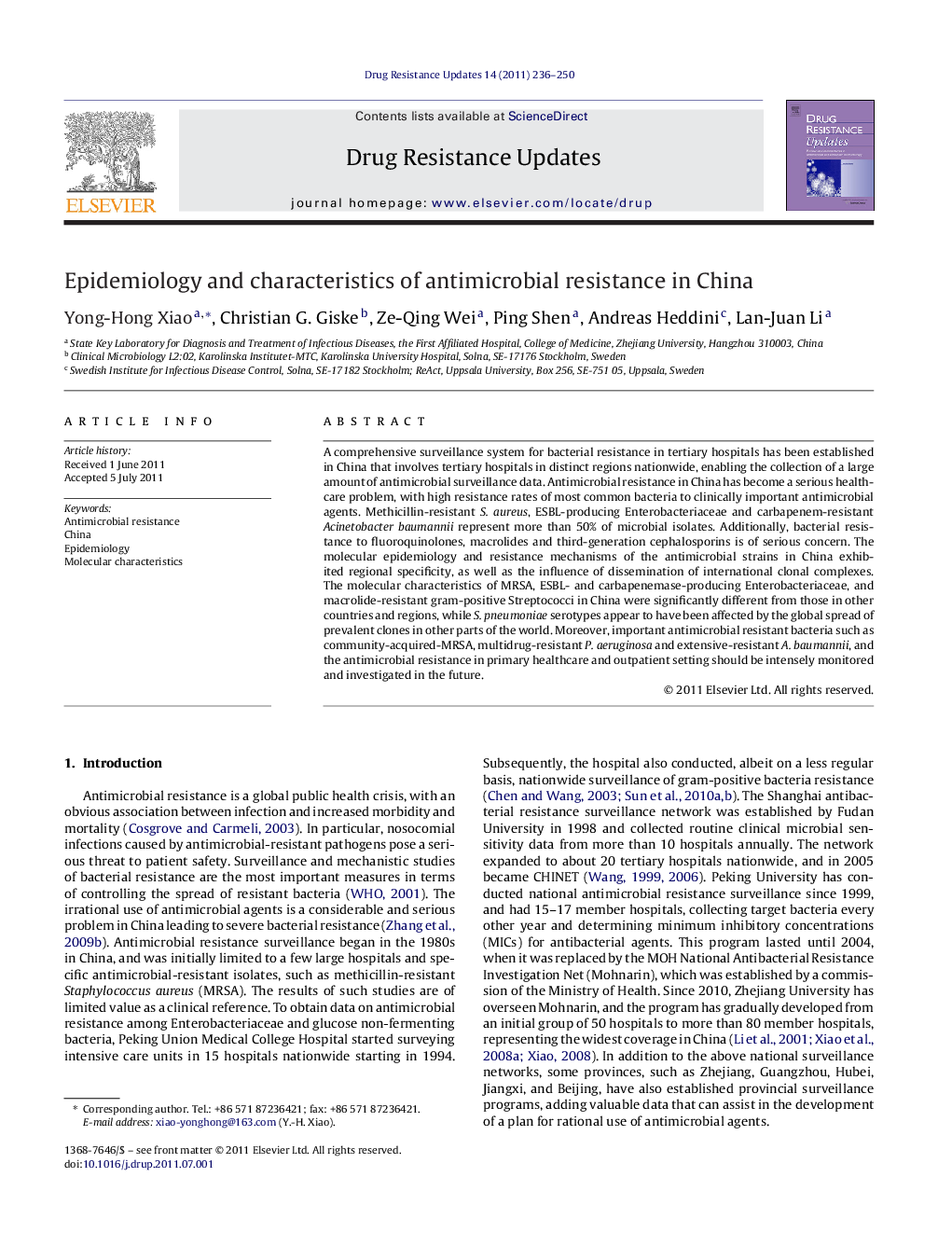 Epidemiology and characteristics of antimicrobial resistance in China