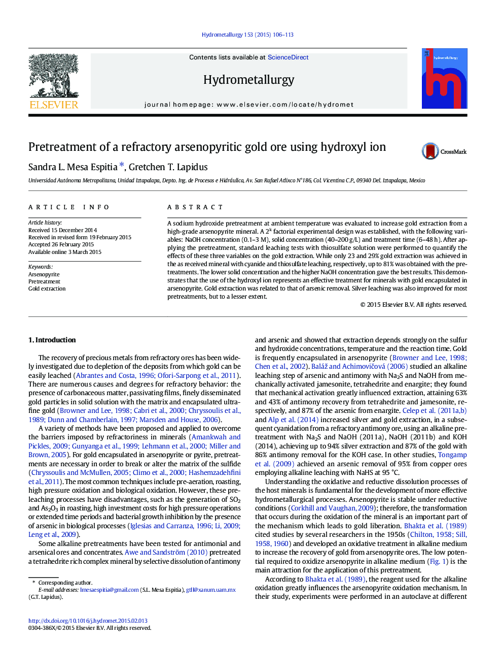 Pretreatment of a refractory arsenopyritic gold ore using hydroxyl ion