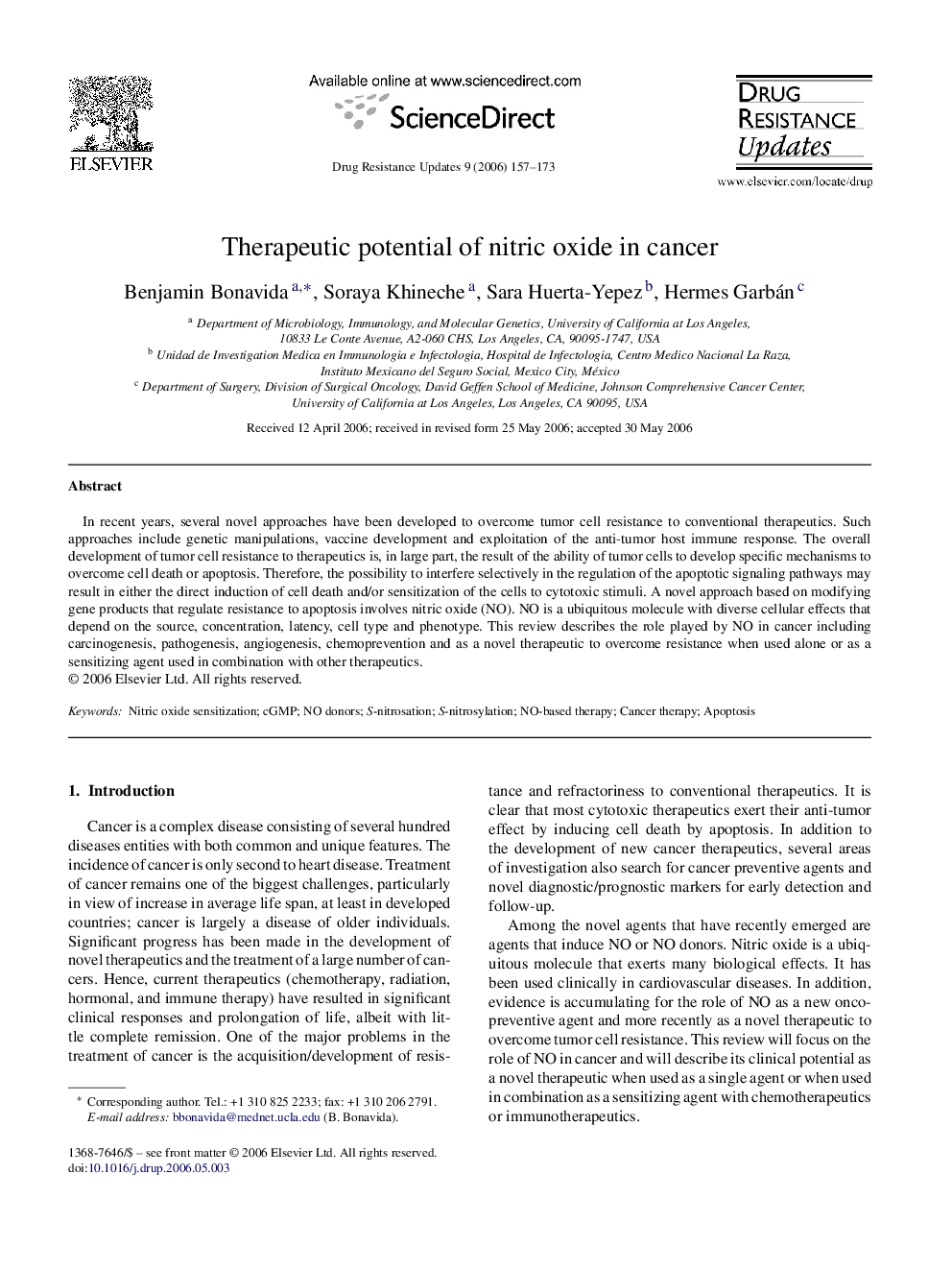 Therapeutic potential of nitric oxide in cancer