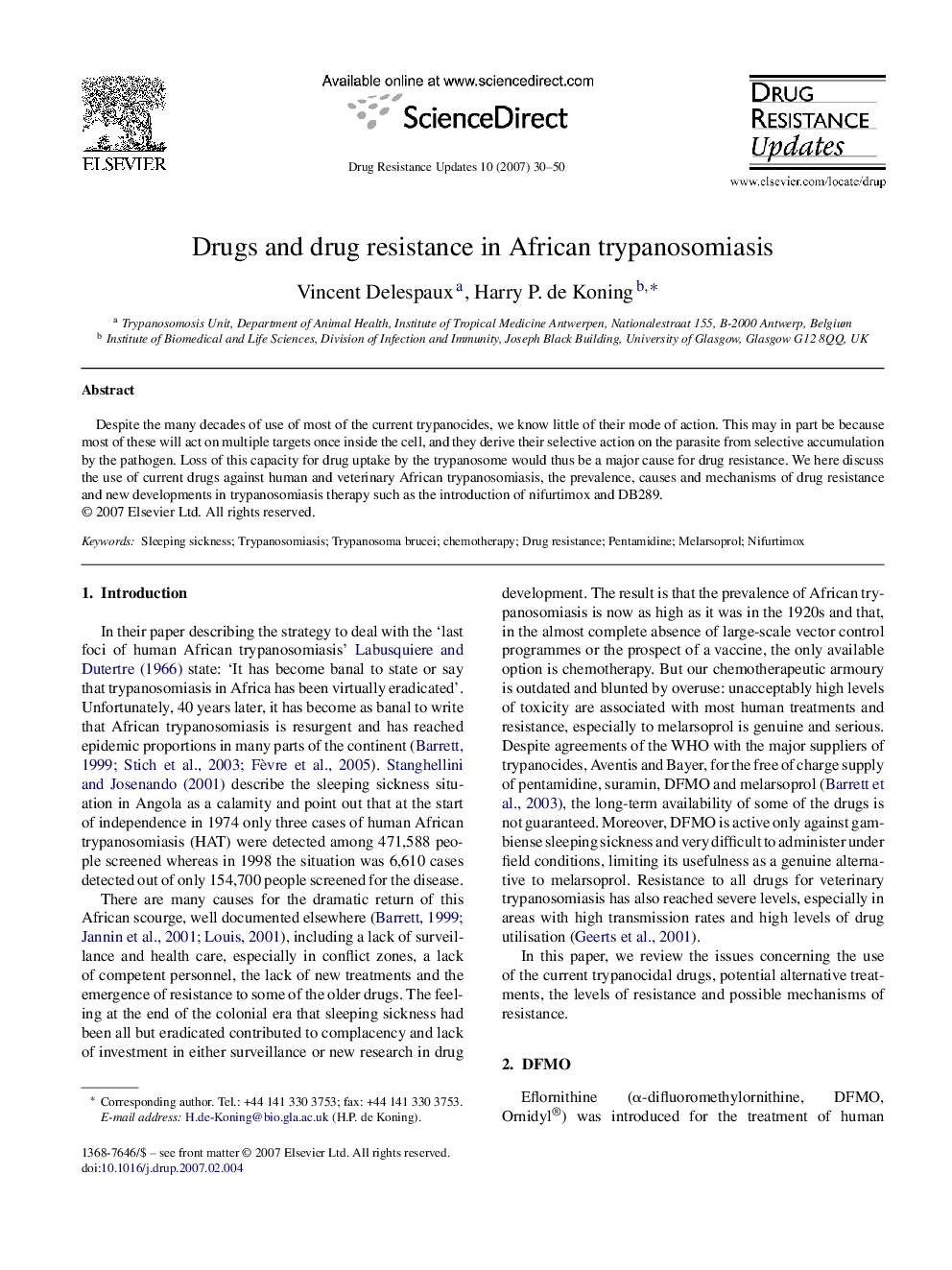 Drugs and drug resistance in African trypanosomiasis