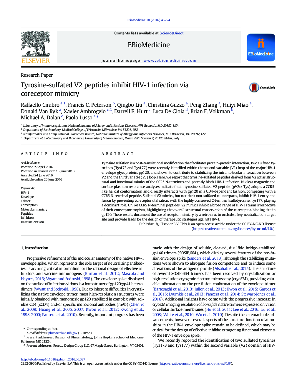 Tyrosine-sulfated V2 peptides inhibit HIV-1 infection via coreceptor mimicry