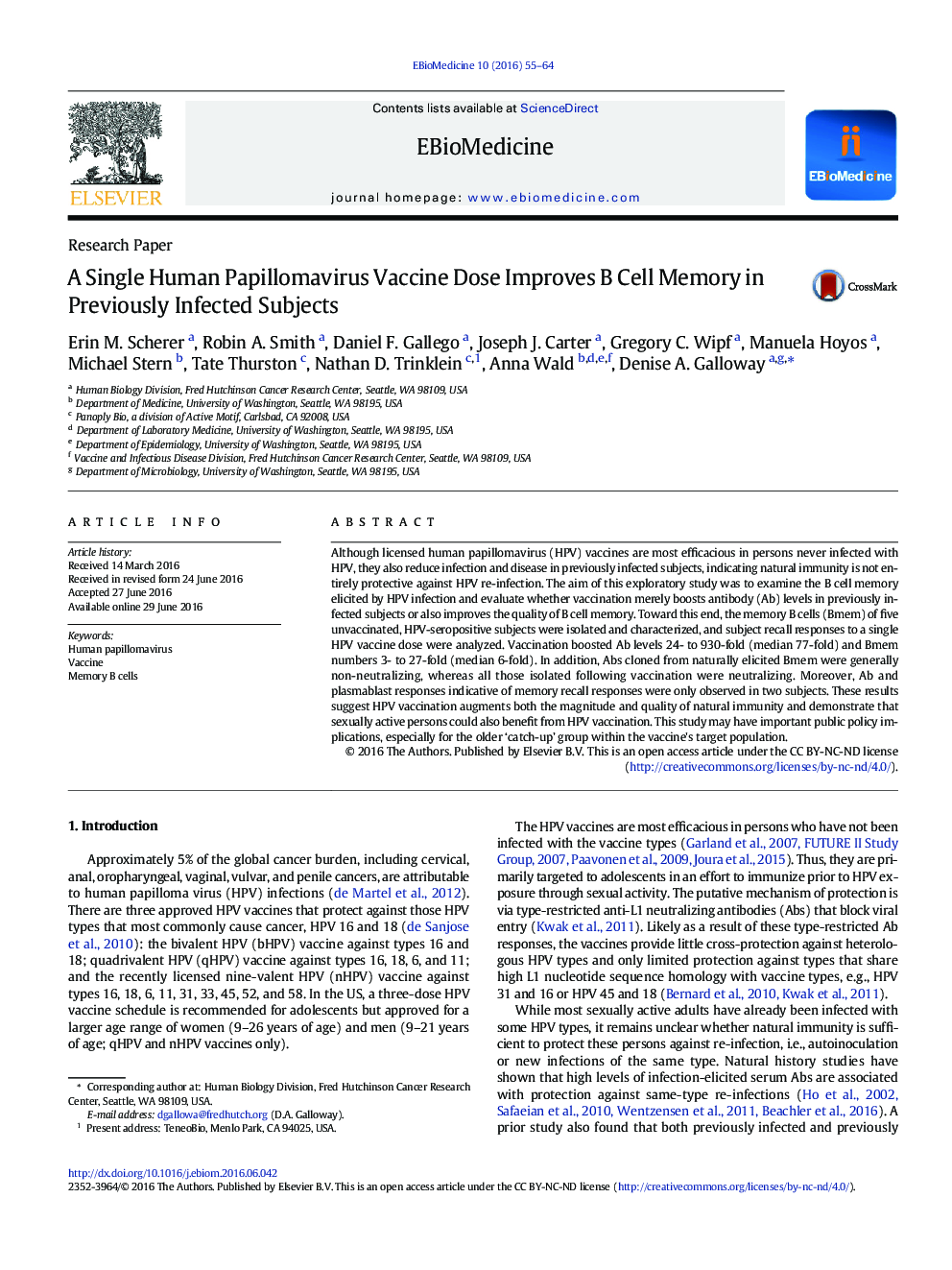 A Single Human Papillomavirus Vaccine Dose Improves B Cell Memory in Previously Infected Subjects