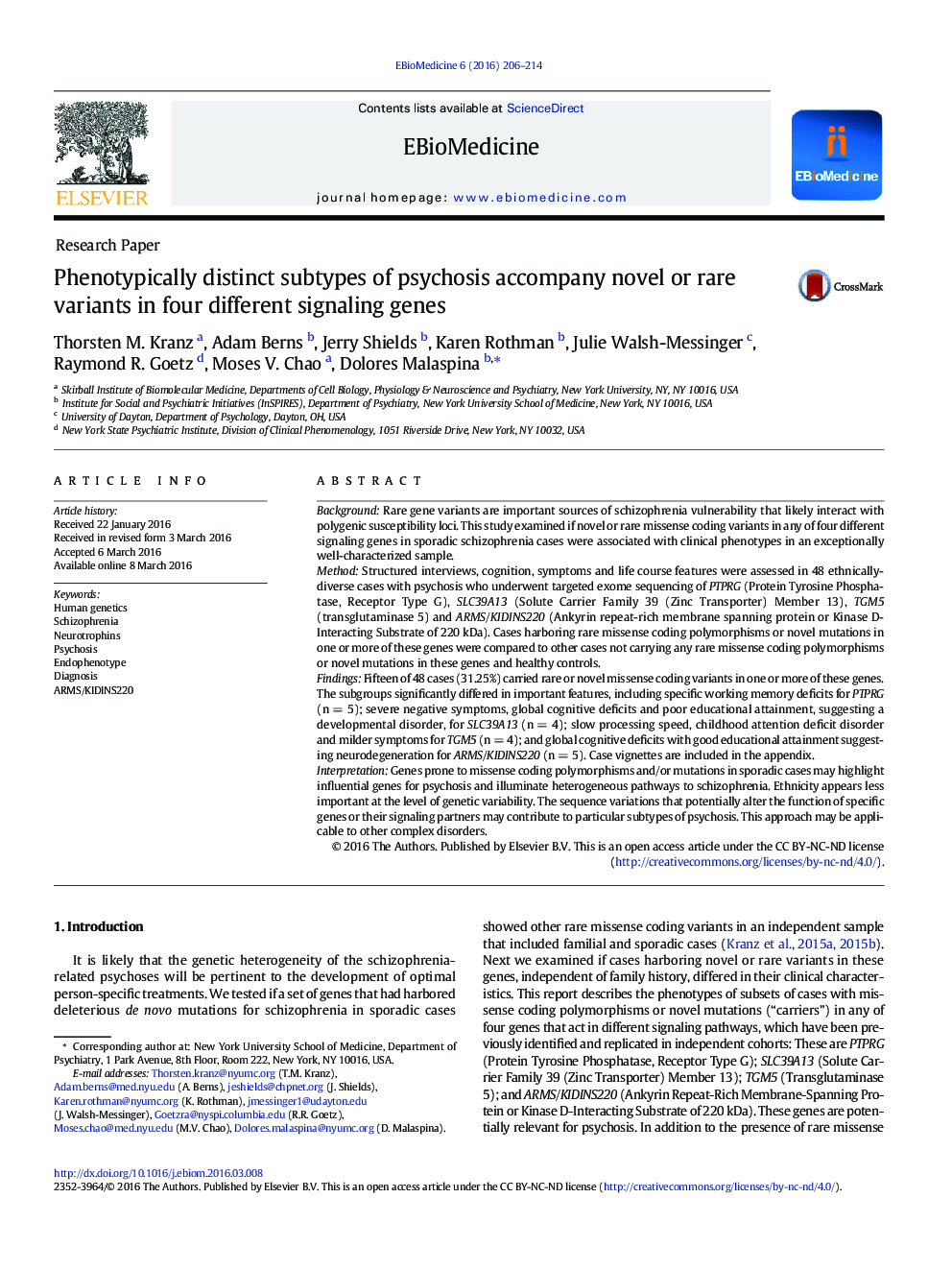 Phenotypically distinct subtypes of psychosis accompany novel or rare variants in four different signaling genes