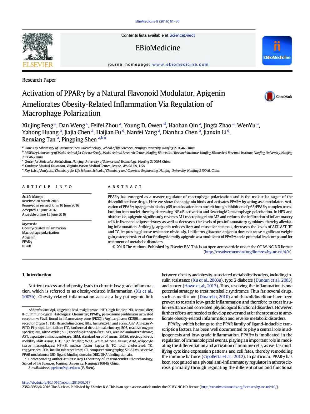 Activation of PPARγ by a Natural Flavonoid Modulator, Apigenin Ameliorates Obesity-Related Inflammation Via Regulation of Macrophage Polarization