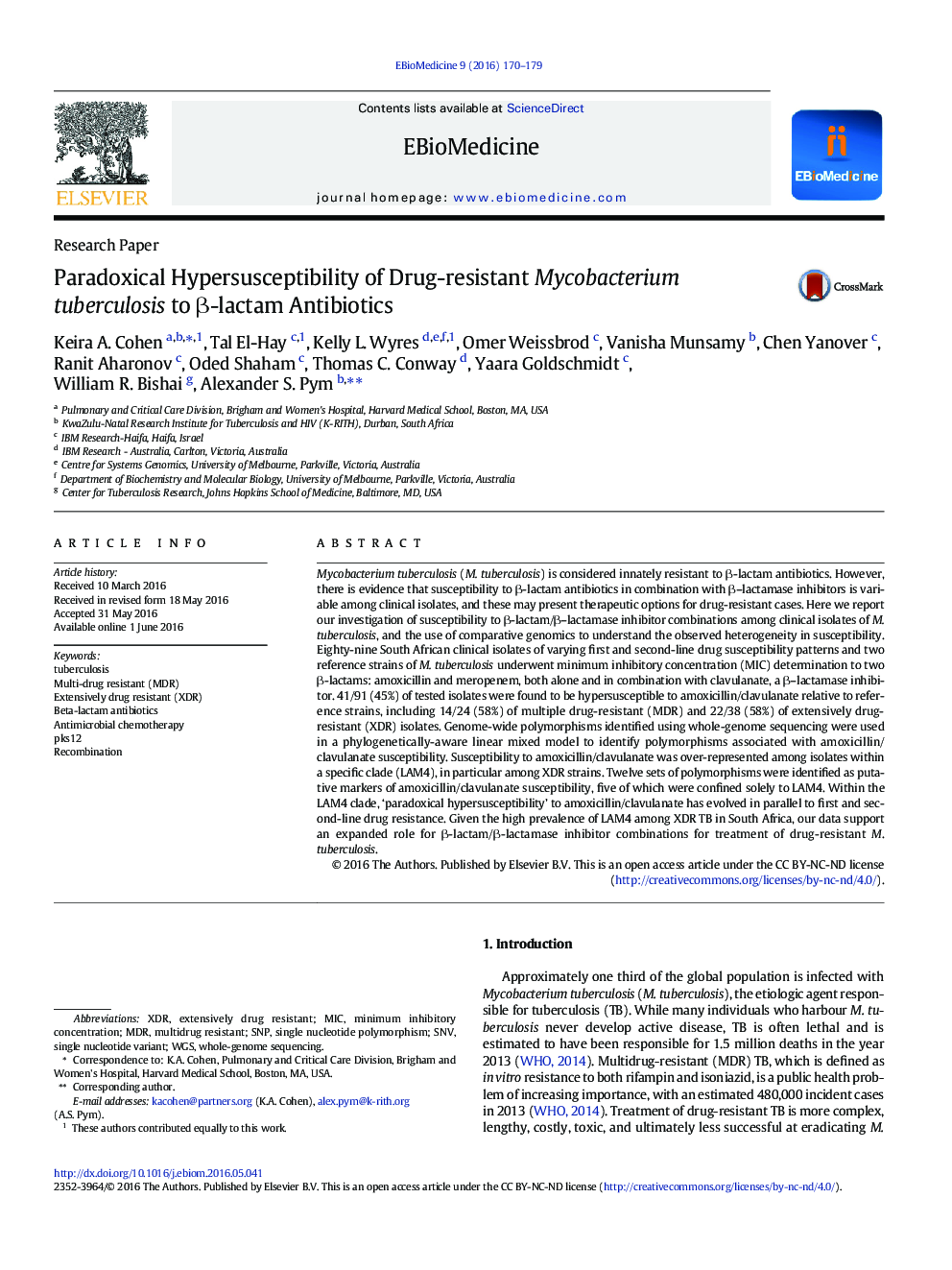 Paradoxical Hypersusceptibility of Drug-resistant Mycobacteriumtuberculosis to β-lactam Antibiotics