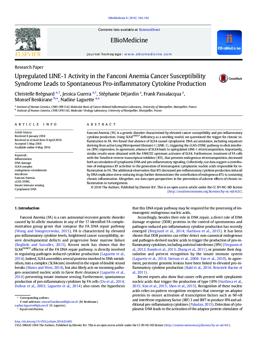 Upregulated LINE-1 Activity in the Fanconi Anemia Cancer Susceptibility Syndrome Leads to Spontaneous Pro-inflammatory Cytokine Production