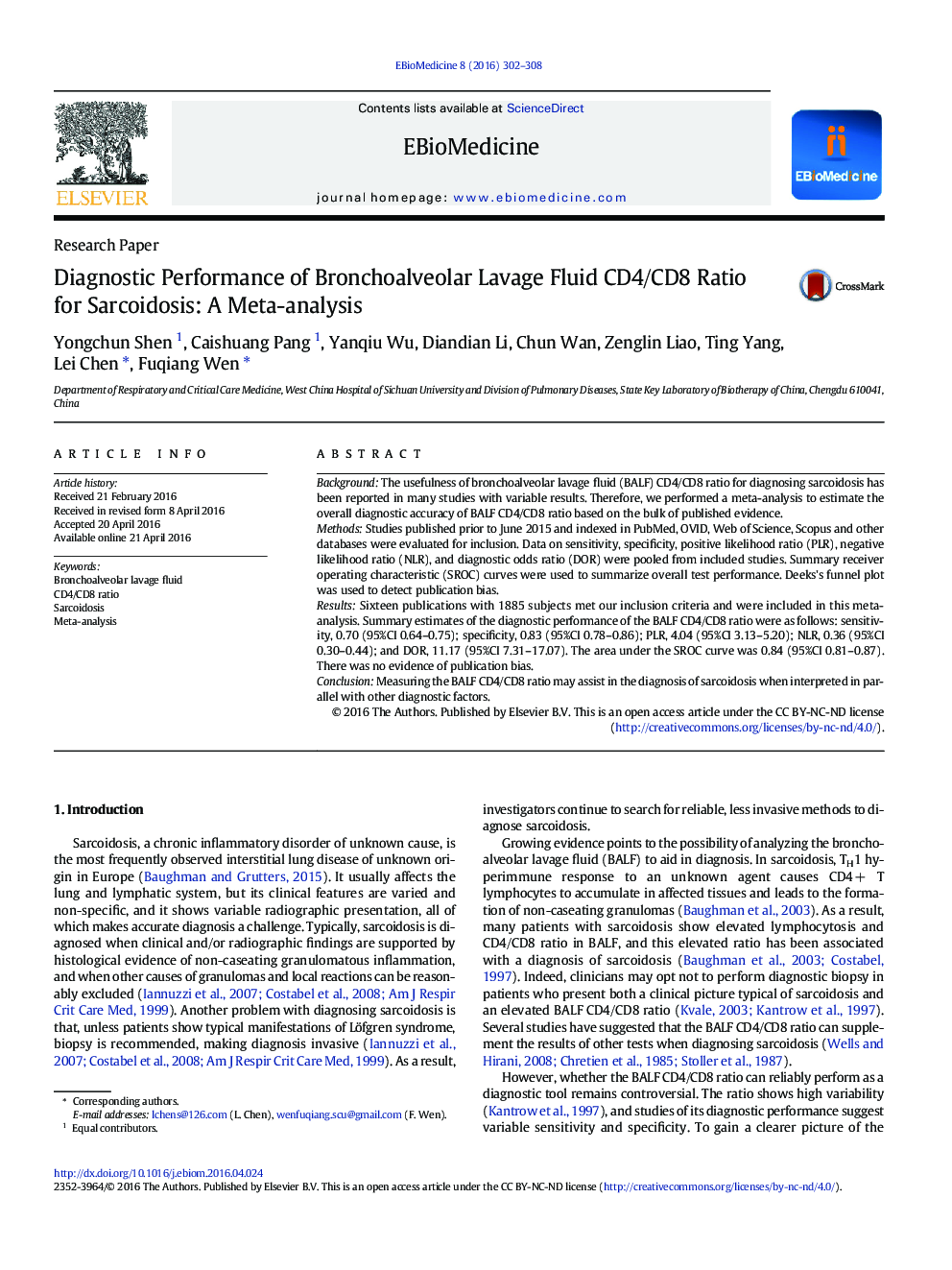 Diagnostic Performance of Bronchoalveolar Lavage Fluid CD4/CD8 Ratio for Sarcoidosis: A Meta-analysis