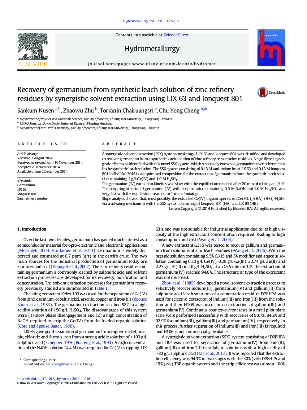 Recovery of germanium from synthetic leach solution of zinc refinery residues by synergistic solvent extraction using LIX 63 and Ionquest 801