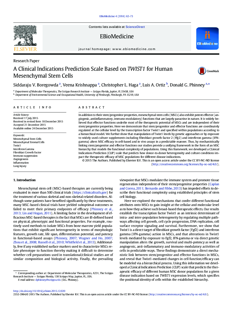 A Clinical Indications Prediction Scale Based on TWIST1 for Human Mesenchymal Stem Cells