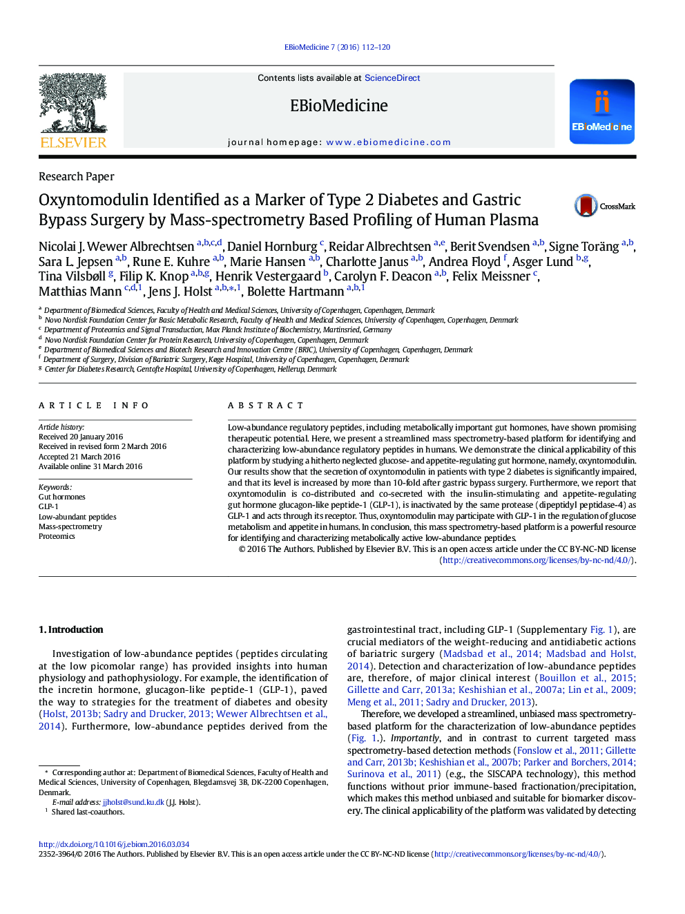 Oxyntomodulin Identified as a Marker of Type 2 Diabetes and Gastric Bypass Surgery by Mass-spectrometry Based Profiling of Human Plasma 