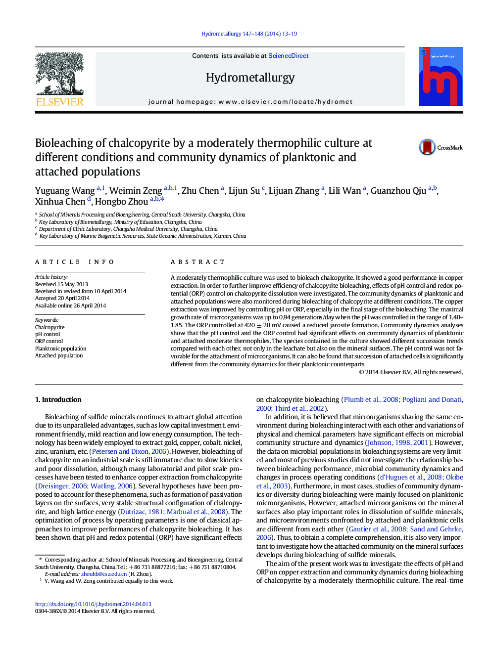 Bioleaching of chalcopyrite by a moderately thermophilic culture at different conditions and community dynamics of planktonic and attached populations