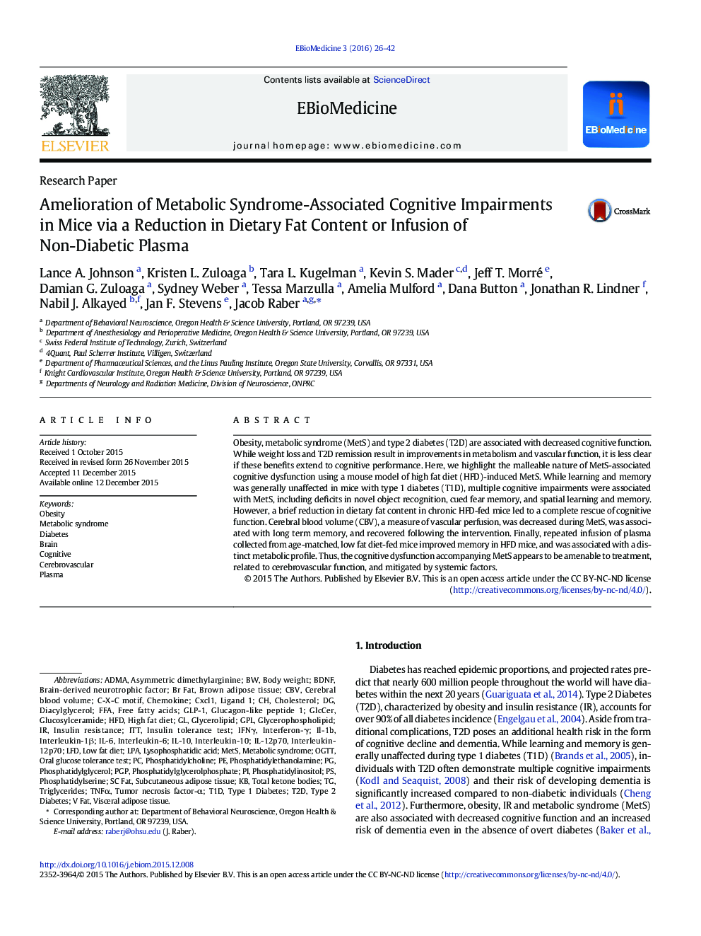 Amelioration of Metabolic Syndrome-Associated Cognitive Impairments in Mice via a Reduction in Dietary Fat Content or Infusion of Non-Diabetic Plasma