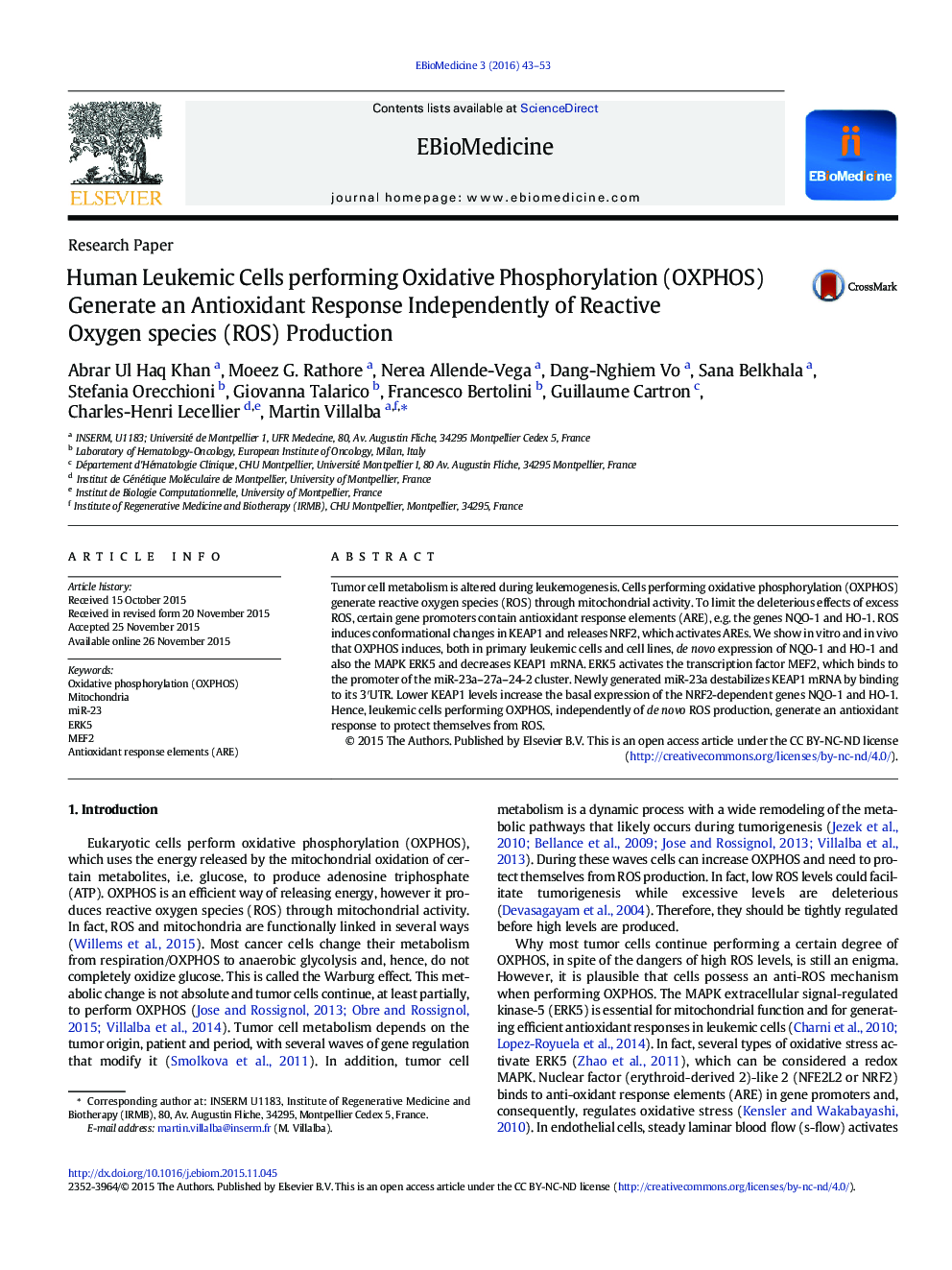 Human Leukemic Cells performing Oxidative Phosphorylation (OXPHOS) Generate an Antioxidant Response Independently of Reactive Oxygen species (ROS) Production