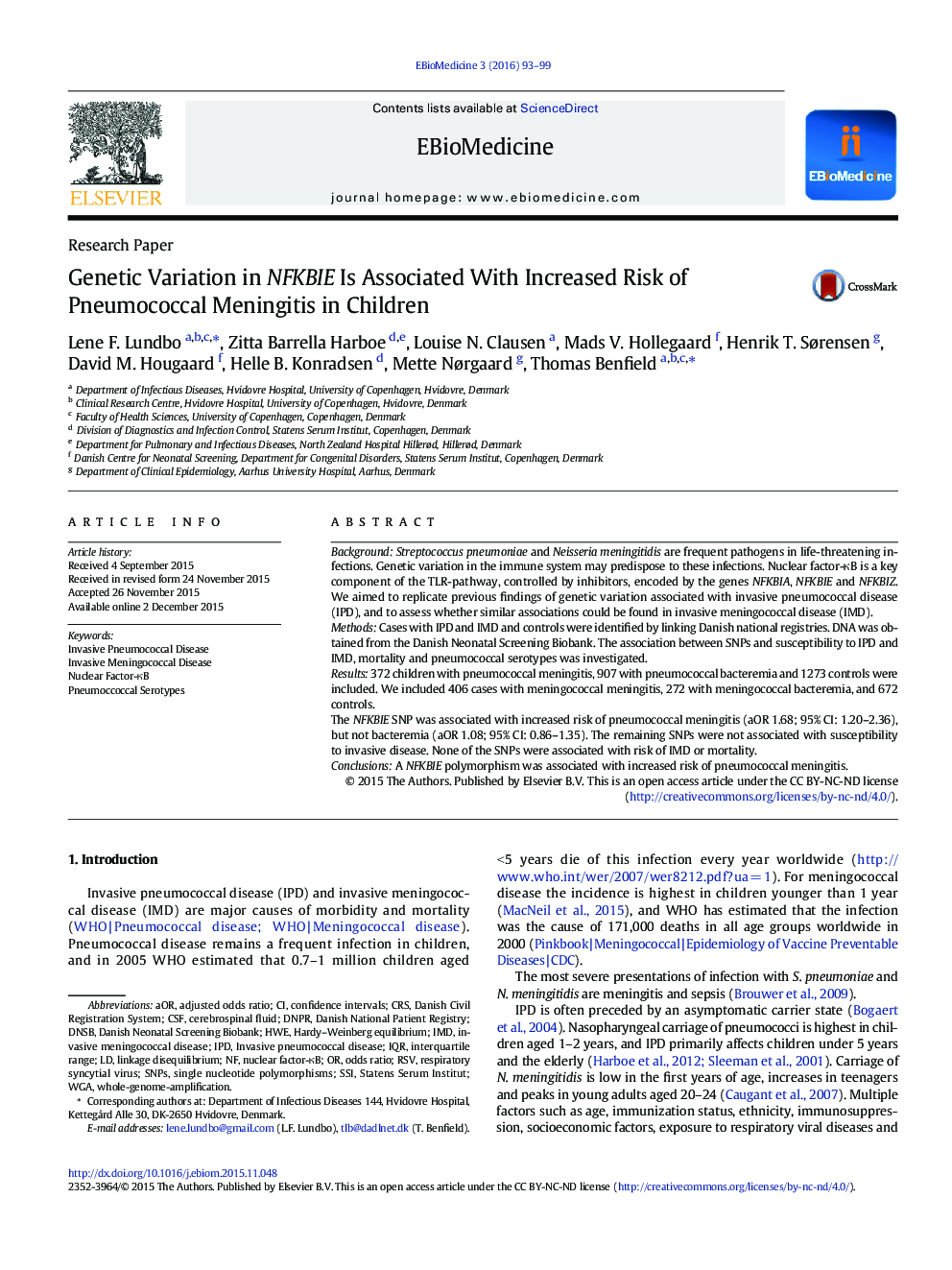 Genetic Variation in NFKBIE Is Associated With Increased Risk of Pneumococcal Meningitis in Children