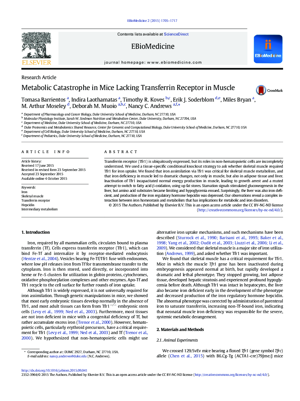 Metabolic Catastrophe in Mice Lacking Transferrin Receptor in Muscle