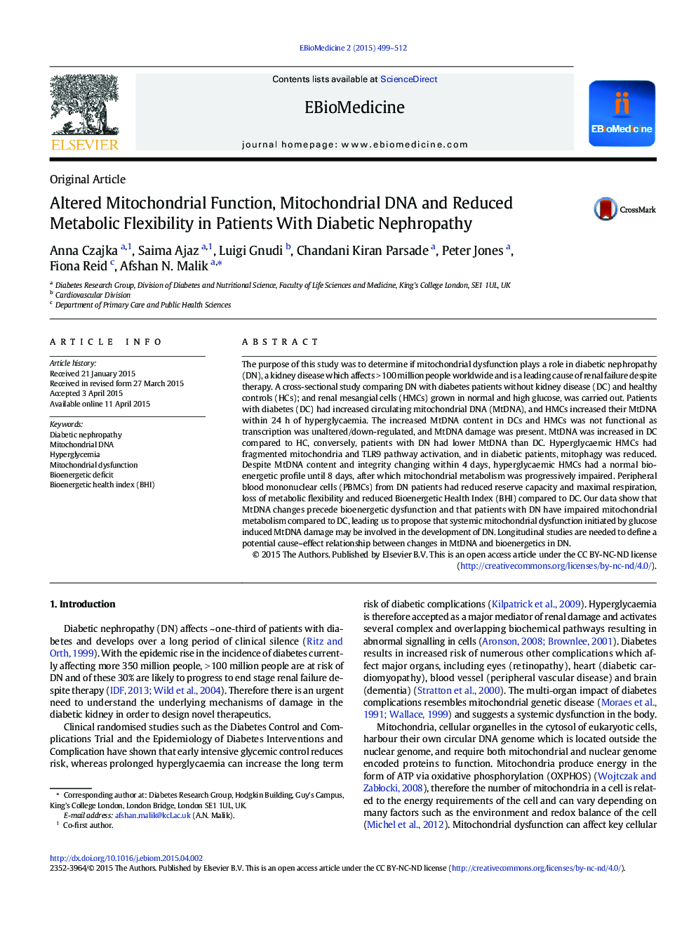 Altered Mitochondrial Function, Mitochondrial DNA and Reduced Metabolic Flexibility in Patients With Diabetic Nephropathy