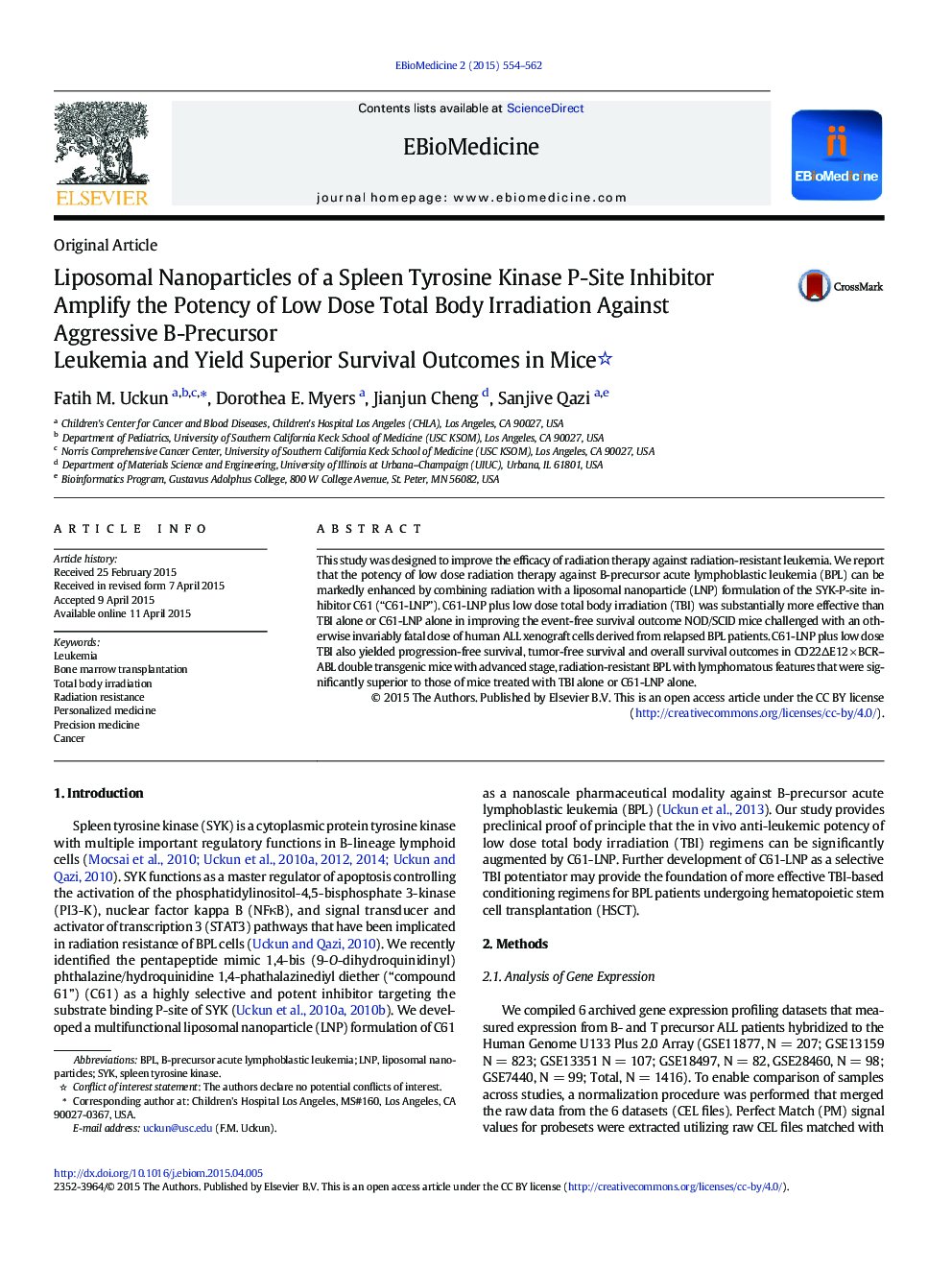 Liposomal Nanoparticles of a Spleen Tyrosine Kinase P-Site Inhibitor Amplify the Potency of Low Dose Total Body Irradiation Against Aggressive B-Precursor Leukemia and Yield Superior Survival Outcomes in Mice 