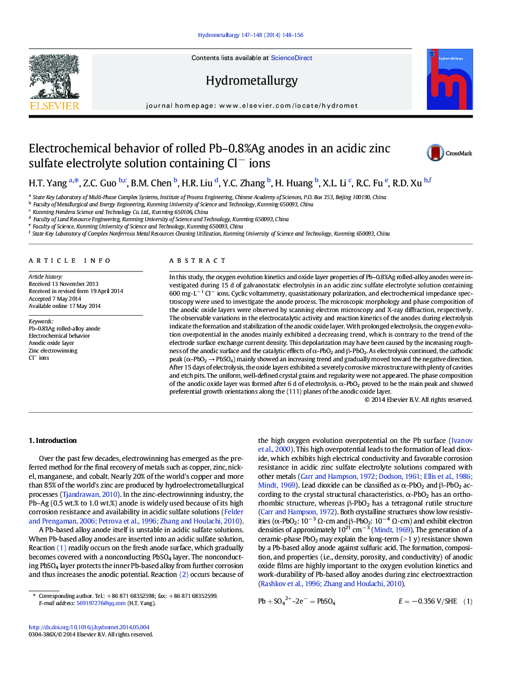 Electrochemical behavior of rolled Pb–0.8%Ag anodes in an acidic zinc sulfate electrolyte solution containing Cl− ions