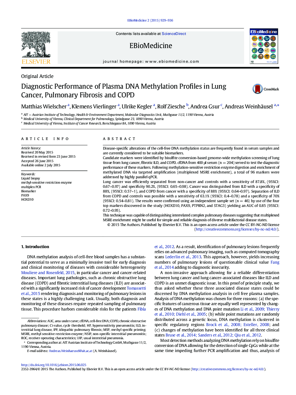 Diagnostic Performance of Plasma DNA Methylation Profiles in Lung Cancer, Pulmonary Fibrosis and COPD