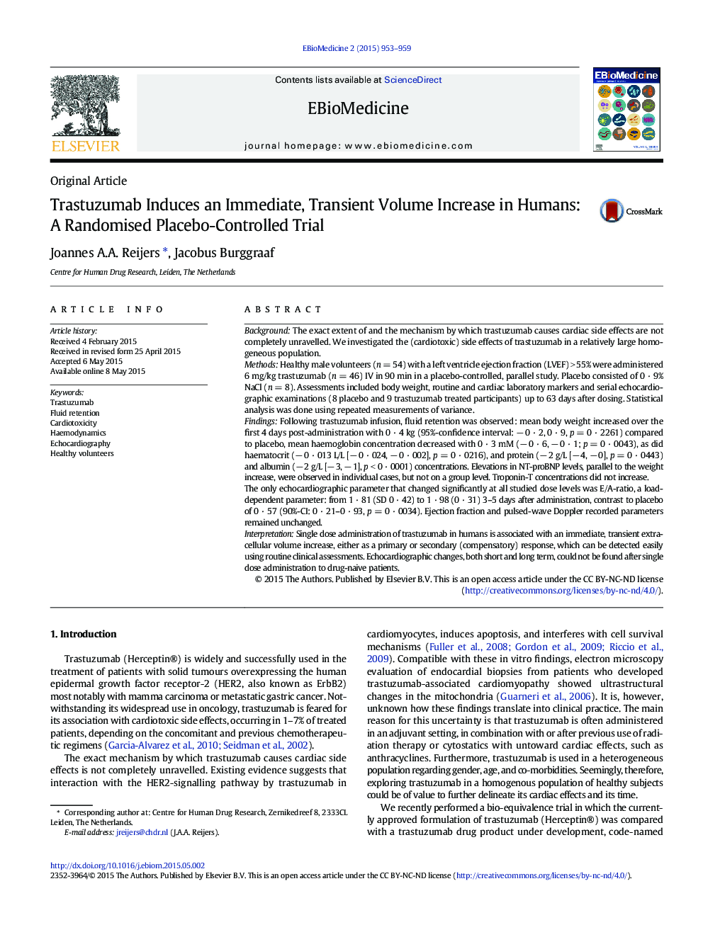 Trastuzumab Induces an Immediate, Transient Volume Increase in Humans: A Randomised Placebo-Controlled Trial