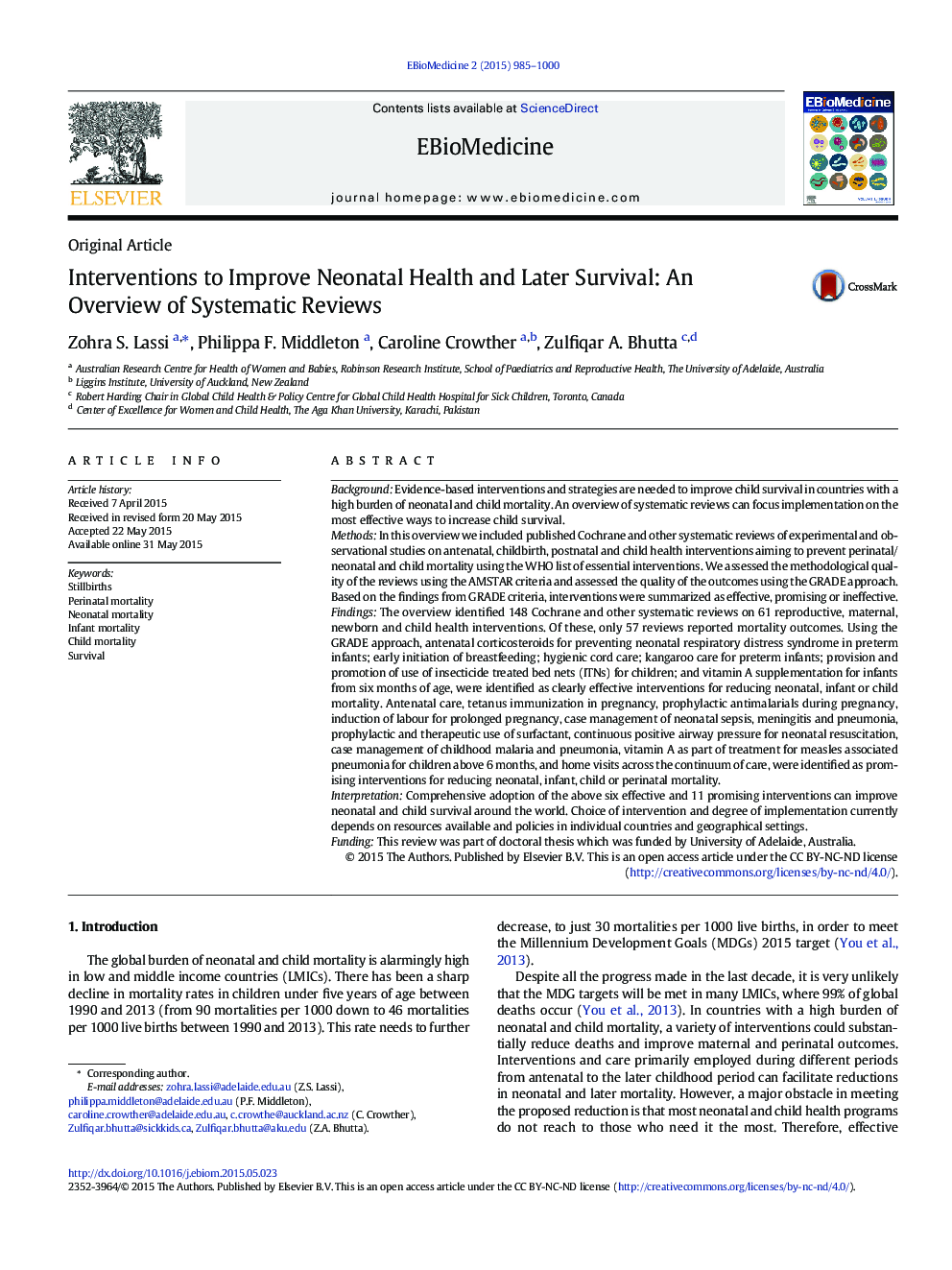 Interventions to Improve Neonatal Health and Later Survival: An Overview of Systematic Reviews