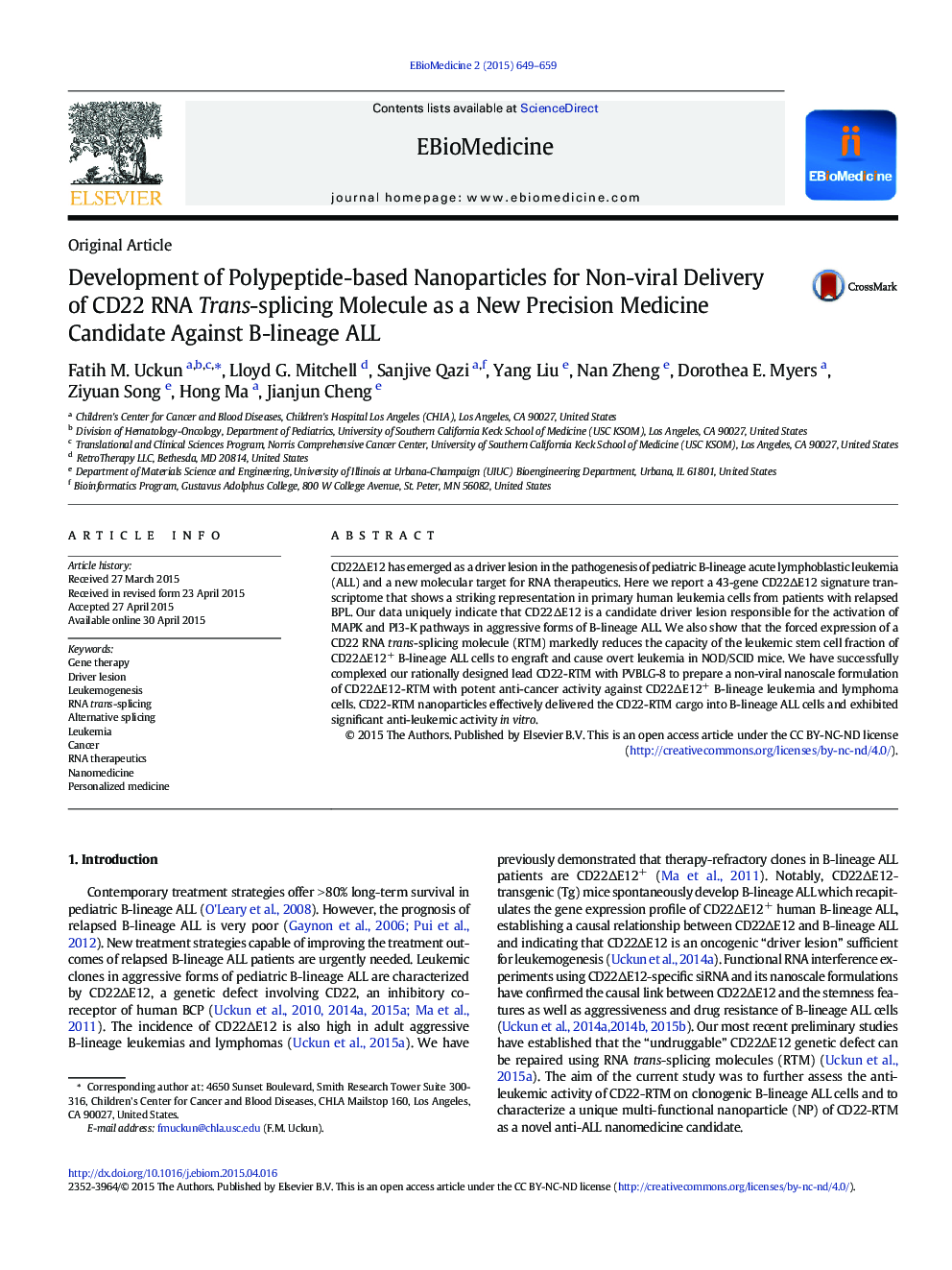 Development of Polypeptide-based Nanoparticles for Non-viral Delivery of CD22 RNA Trans-splicing Molecule as a New Precision Medicine Candidate Against B-lineage ALL