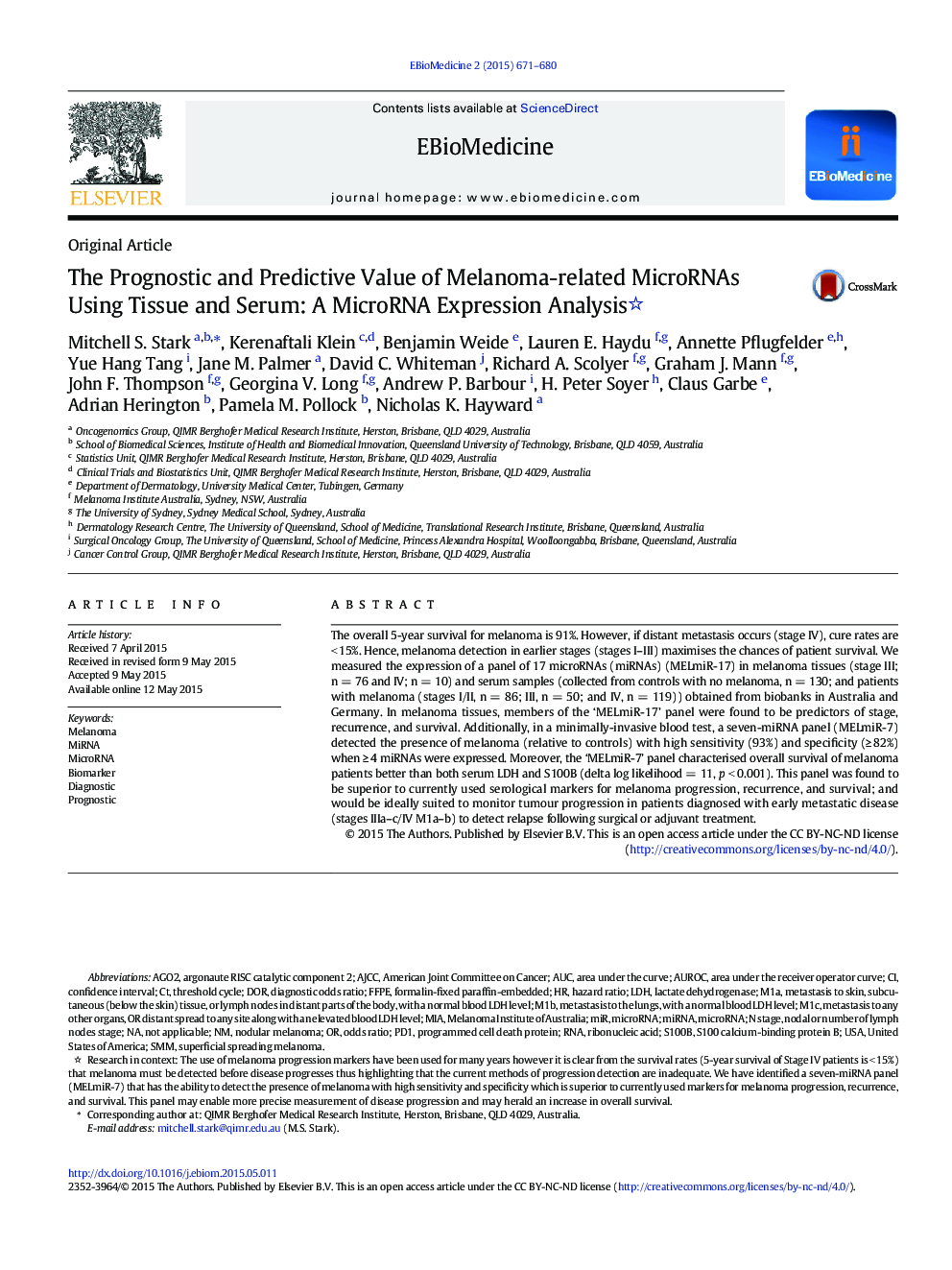 The Prognostic and Predictive Value of Melanoma-related MicroRNAs Using Tissue and Serum: A MicroRNA Expression Analysis 