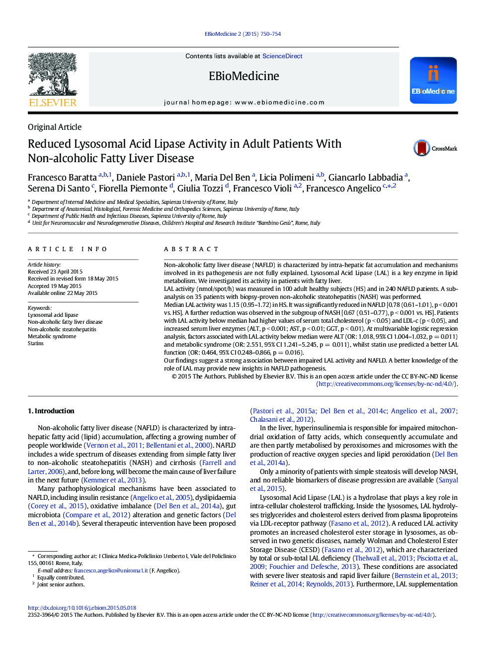 Reduced Lysosomal Acid Lipase Activity in Adult Patients With Non-alcoholic Fatty Liver Disease